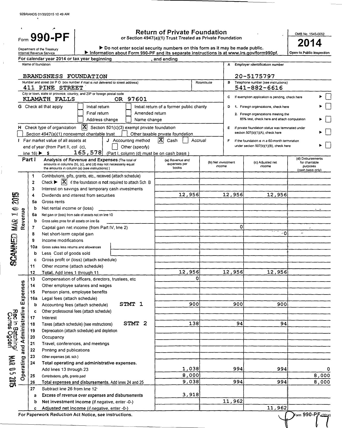 Image of first page of 2014 Form 990PF for Brandsness Foundation