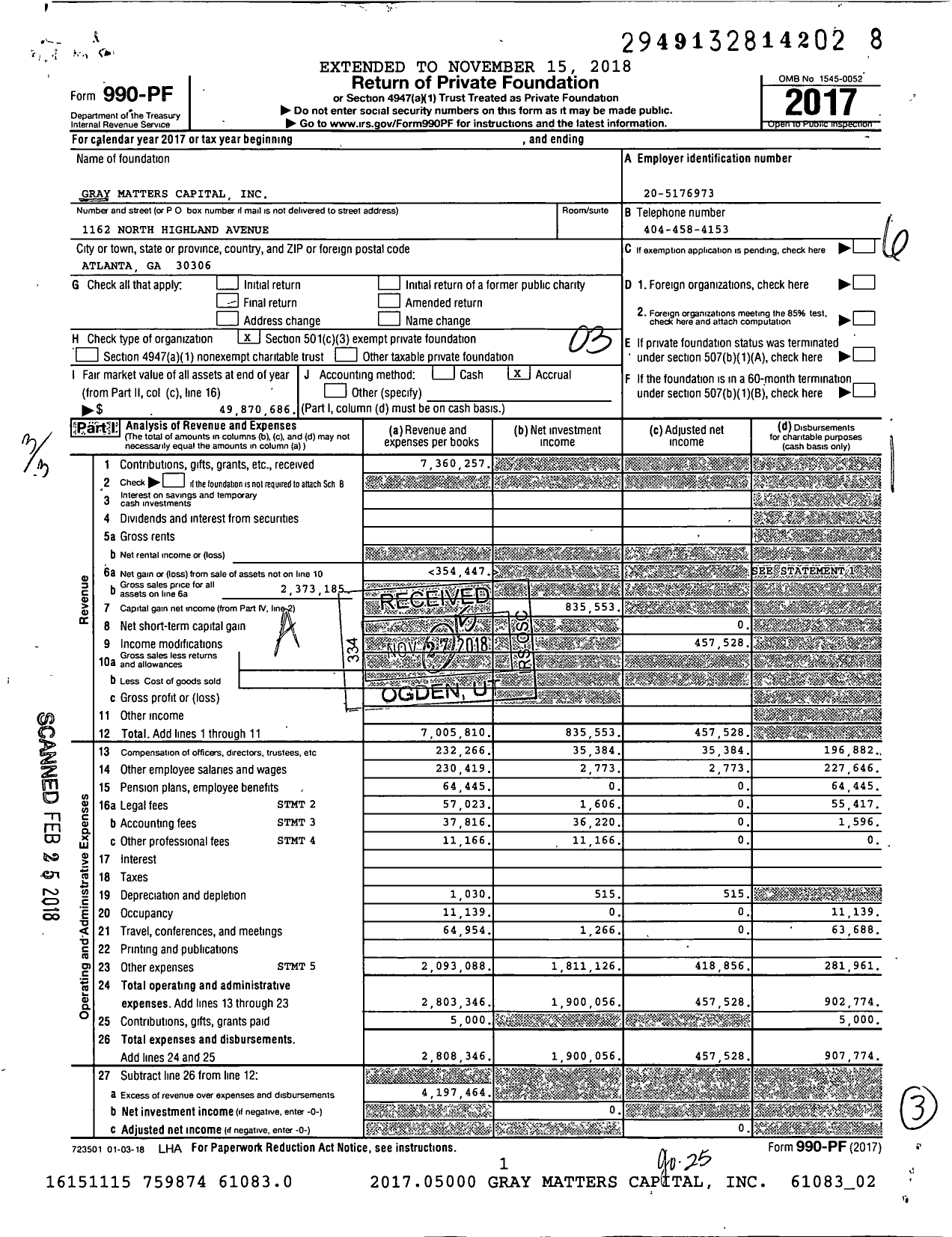 Image of first page of 2017 Form 990PF for Gray Matters Capital