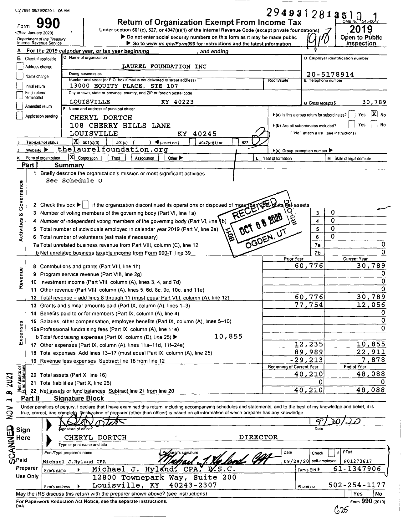 Image of first page of 2019 Form 990 for Laurel Foundation