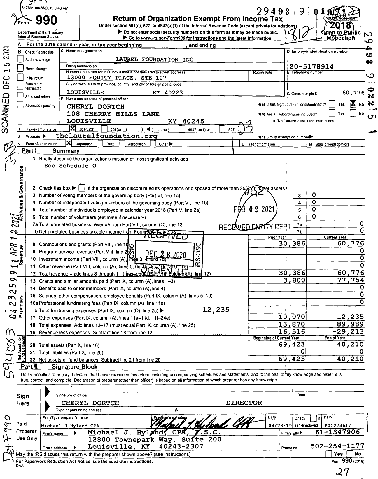 Image of first page of 2018 Form 990 for Laurel Foundation