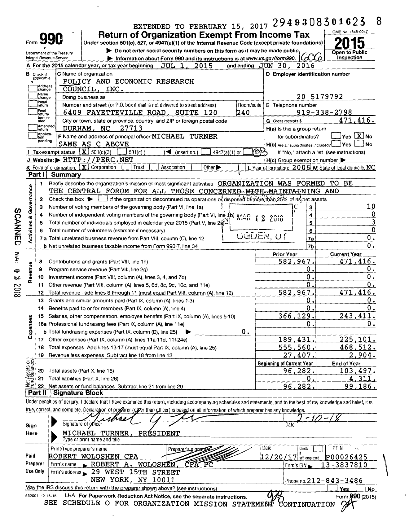 Image of first page of 2015 Form 990 for Policy and Economic Research Council