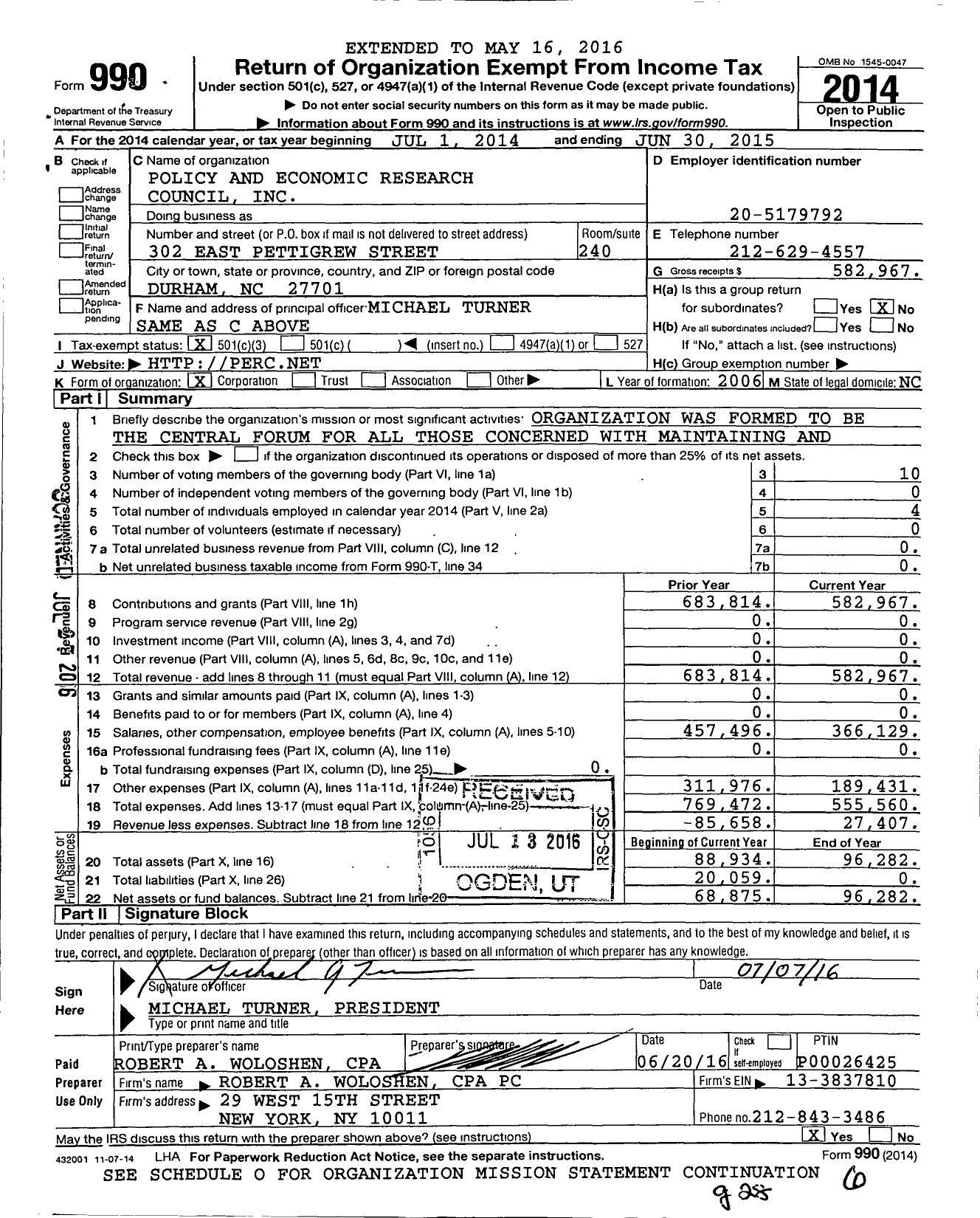 Image of first page of 2014 Form 990 for Policy and Economic Research Council