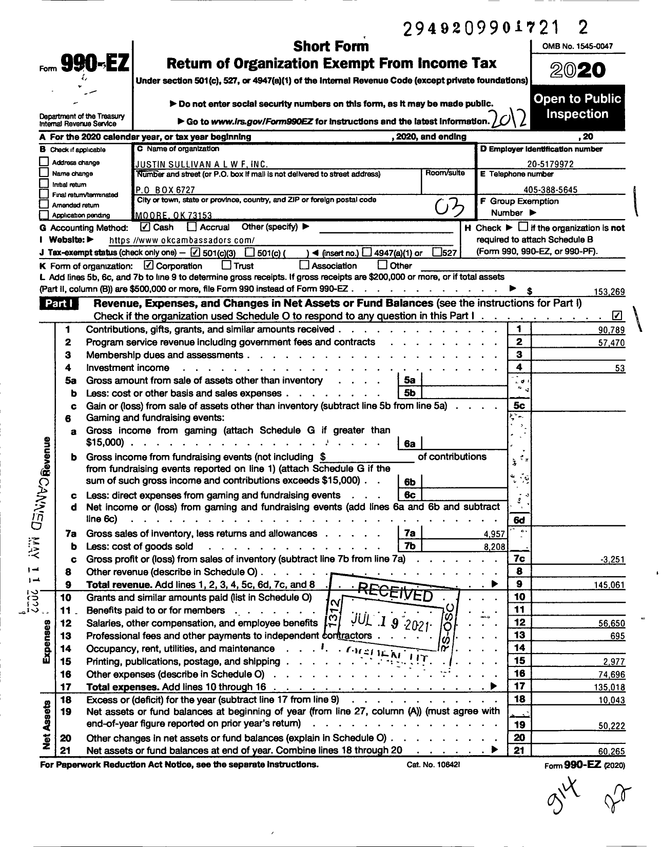 Image of first page of 2020 Form 990EZ for Justin Sullivan Alwf