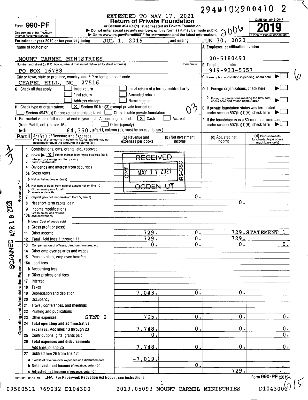 Image of first page of 2019 Form 990PF for Mount Carmel Ministries