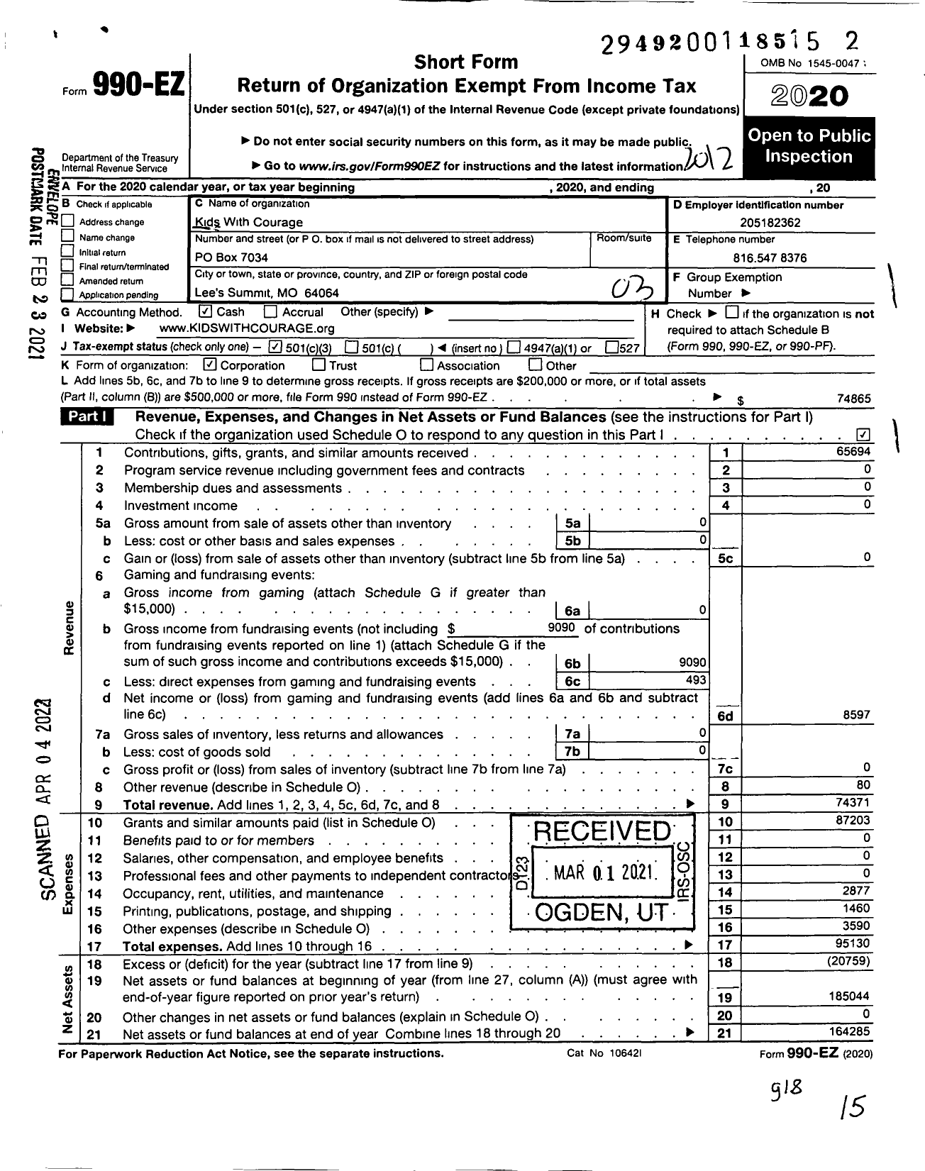 Image of first page of 2020 Form 990EZ for Kids with Courage