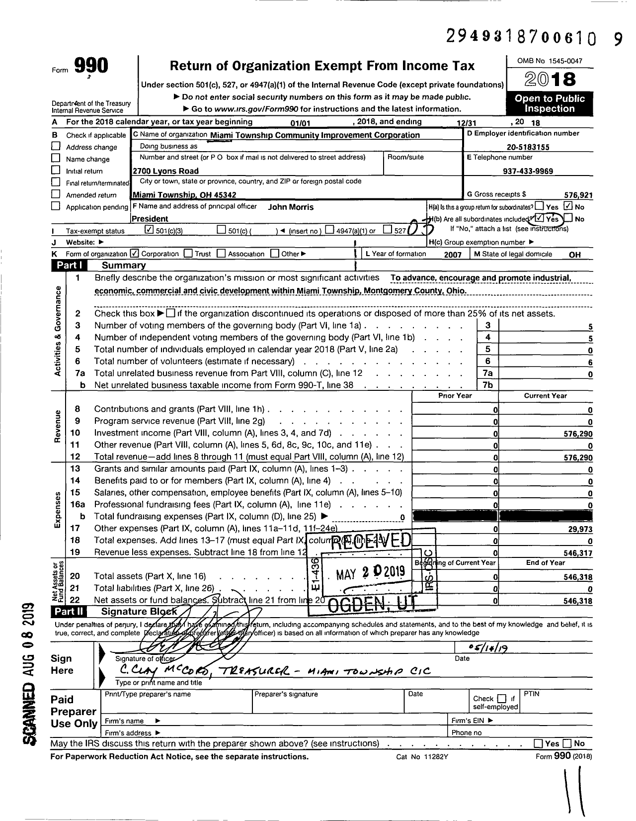 Image of first page of 2018 Form 990 for Miami Township Community Improvement Corporation