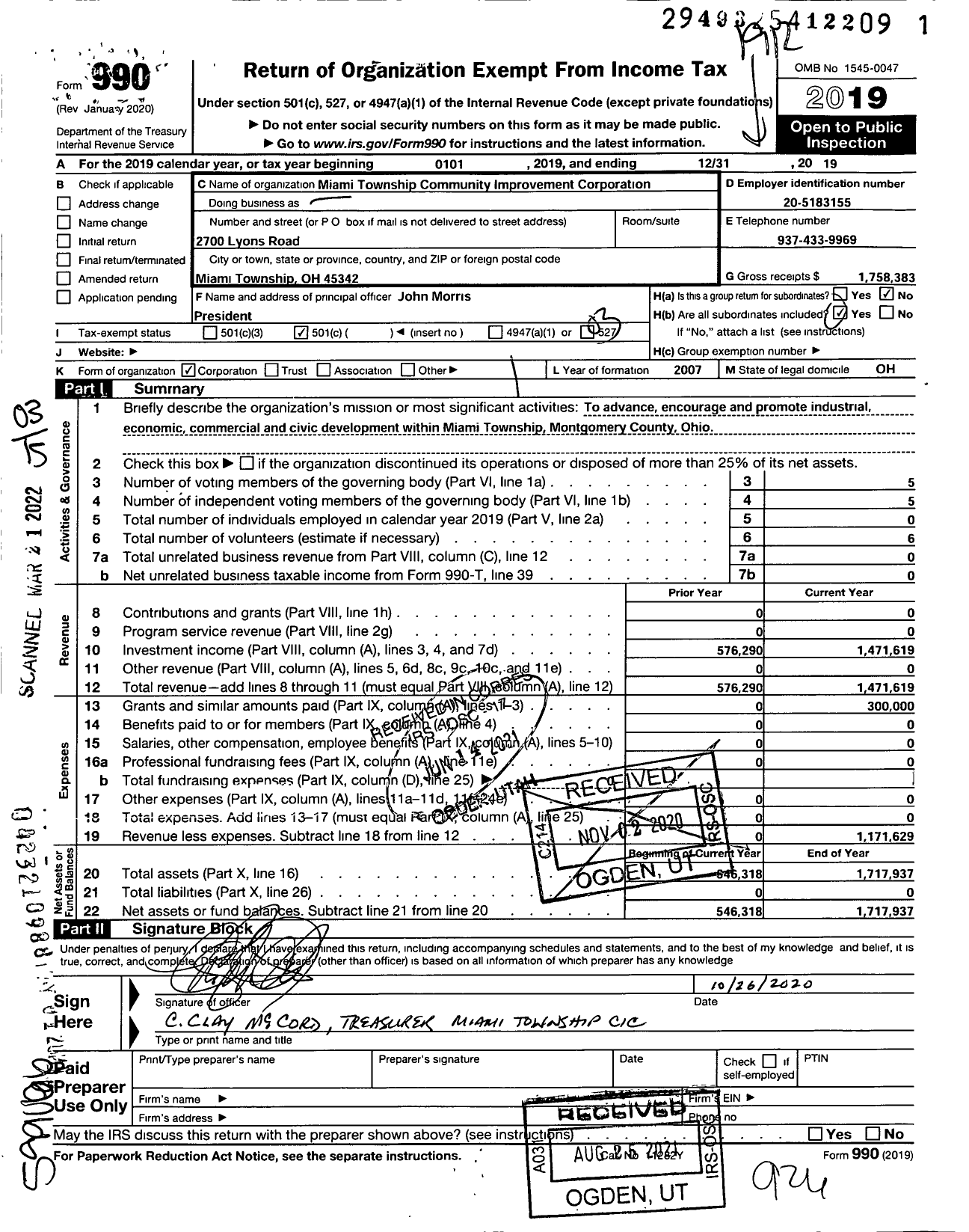 Image of first page of 2019 Form 990 for Miami Township Community Improvement Corporation