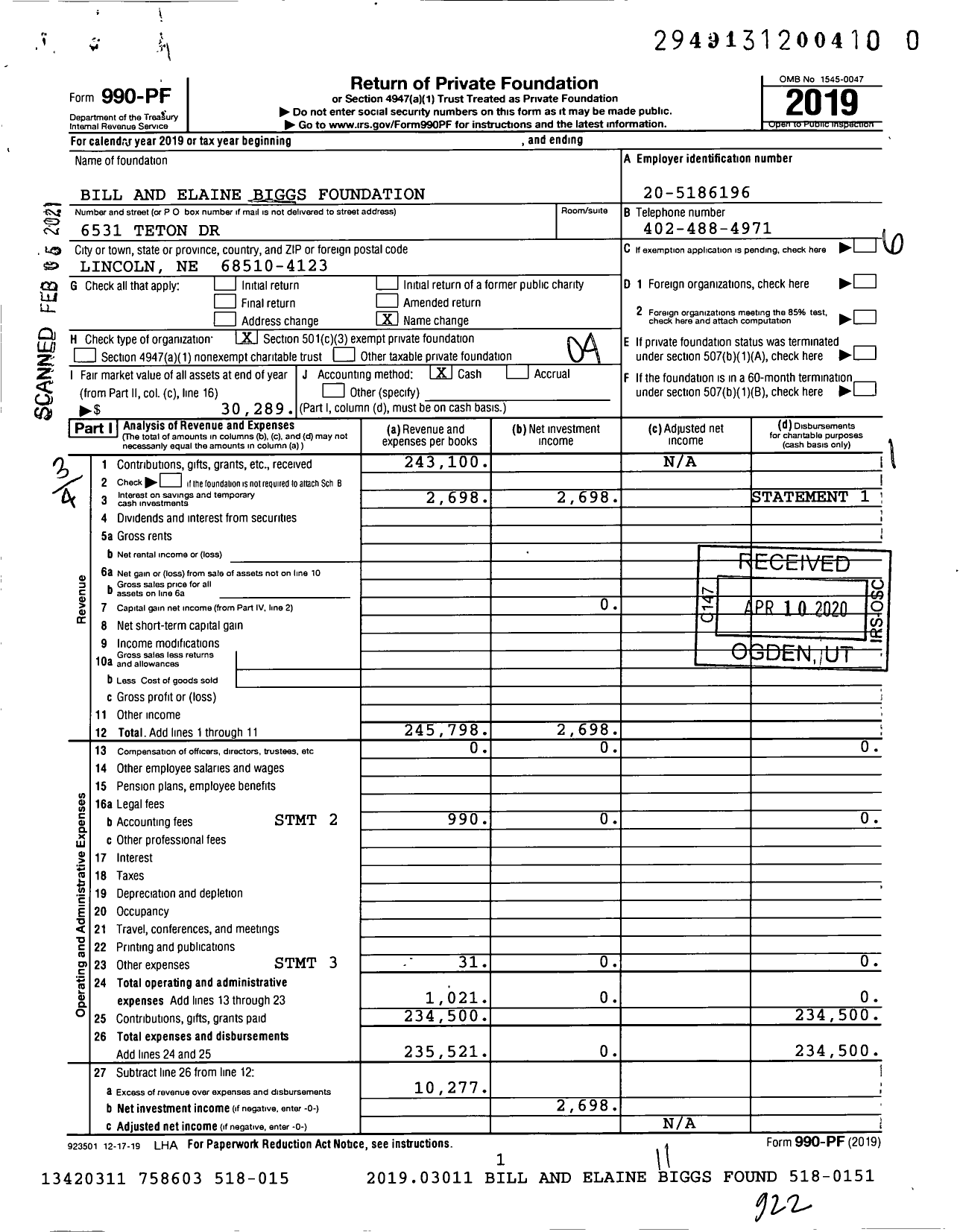 Image of first page of 2019 Form 990PF for Bill and Elaine Biggs Foundation