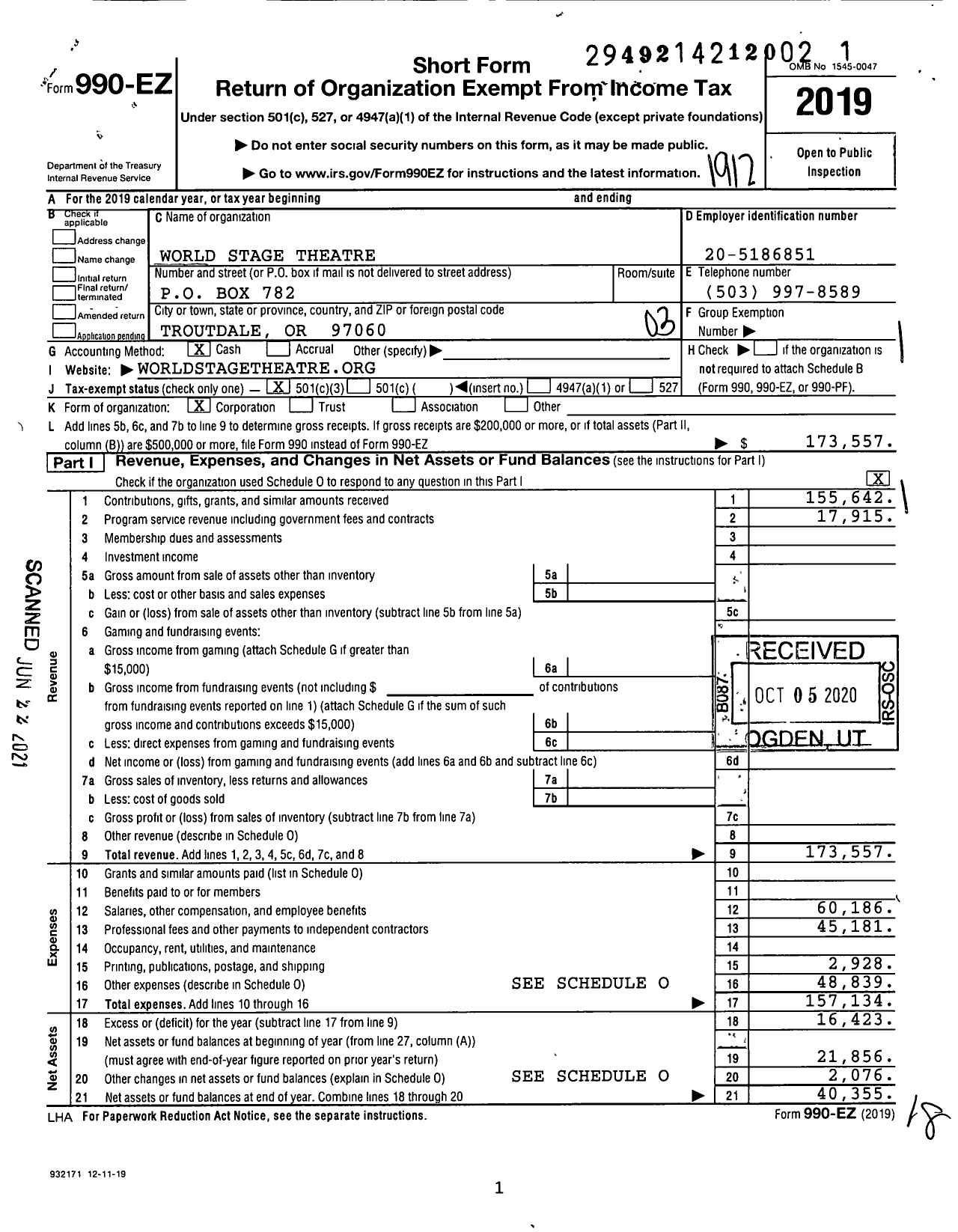 Image of first page of 2019 Form 990EZ for World Stage Theatre