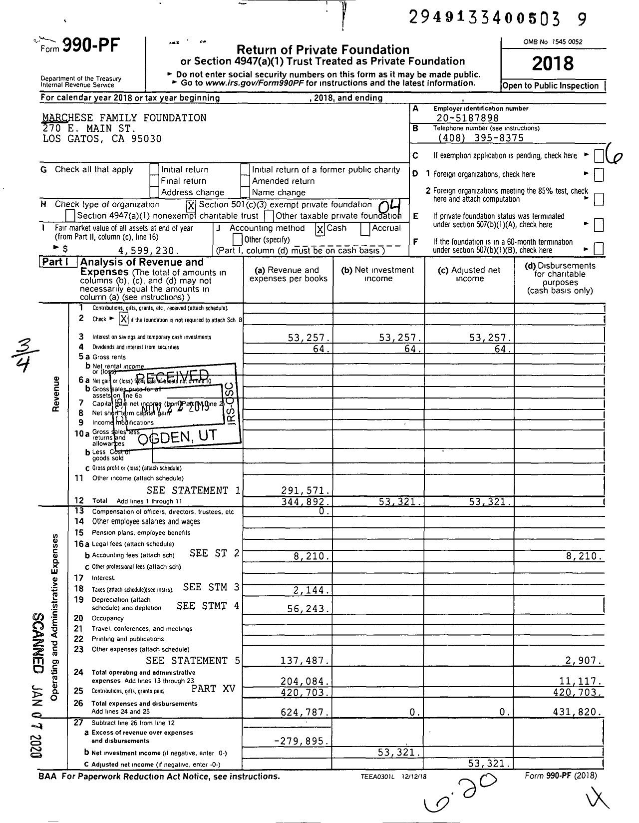 Image of first page of 2018 Form 990PF for Marchese Family Foundation