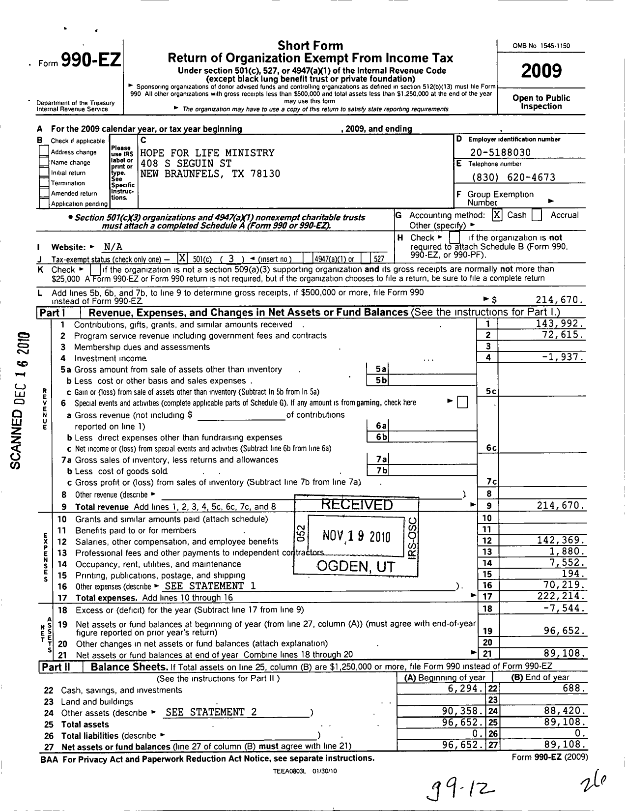 Image of first page of 2009 Form 990EZ for Hope for Life Ministry