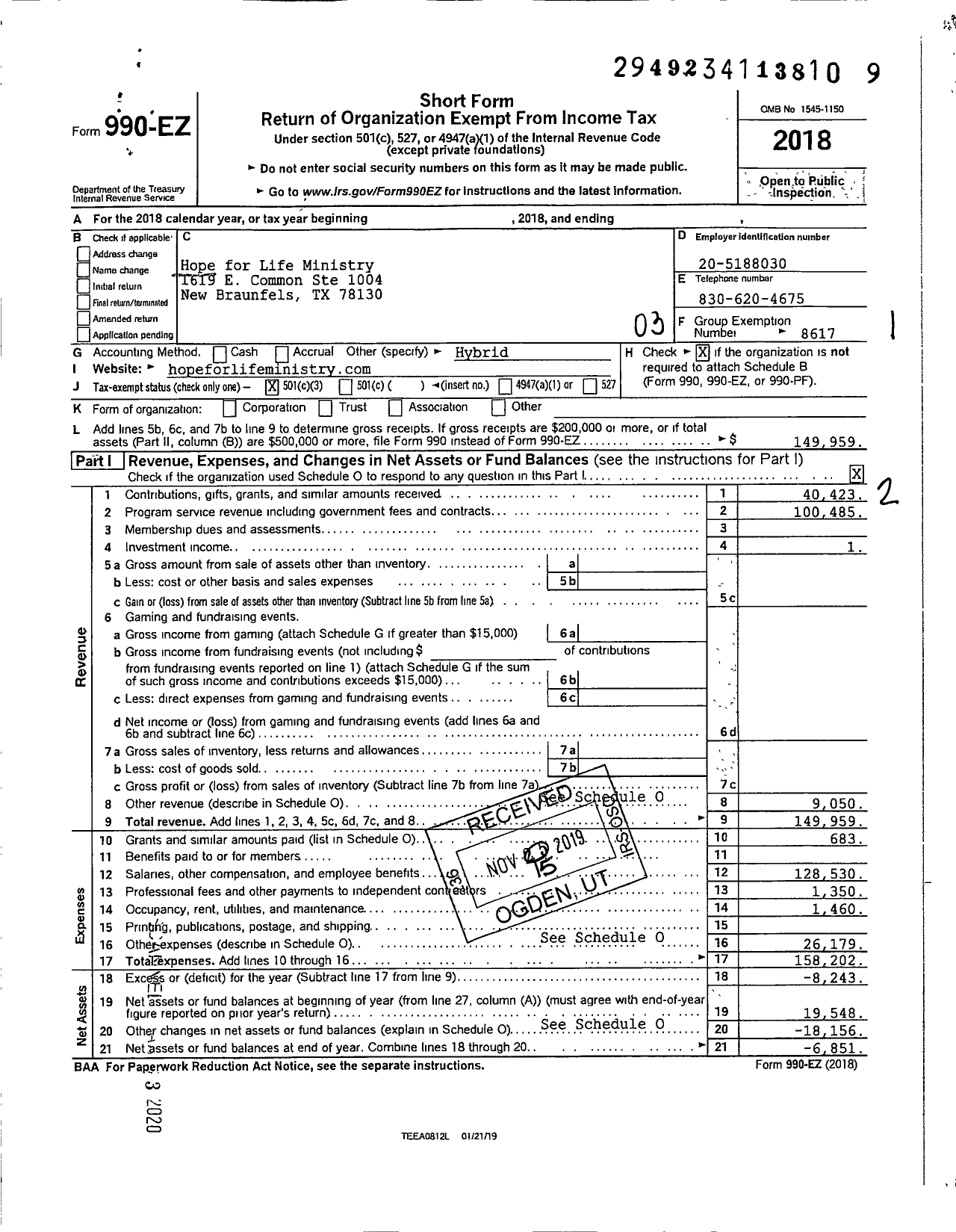 Image of first page of 2018 Form 990EZ for Hope for Life Ministry