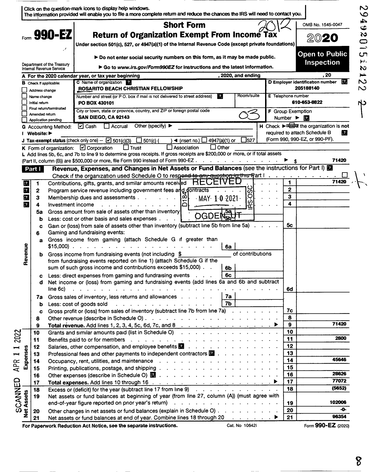 Image of first page of 2020 Form 990EZ for Rosaorito Beach Christianfellowship