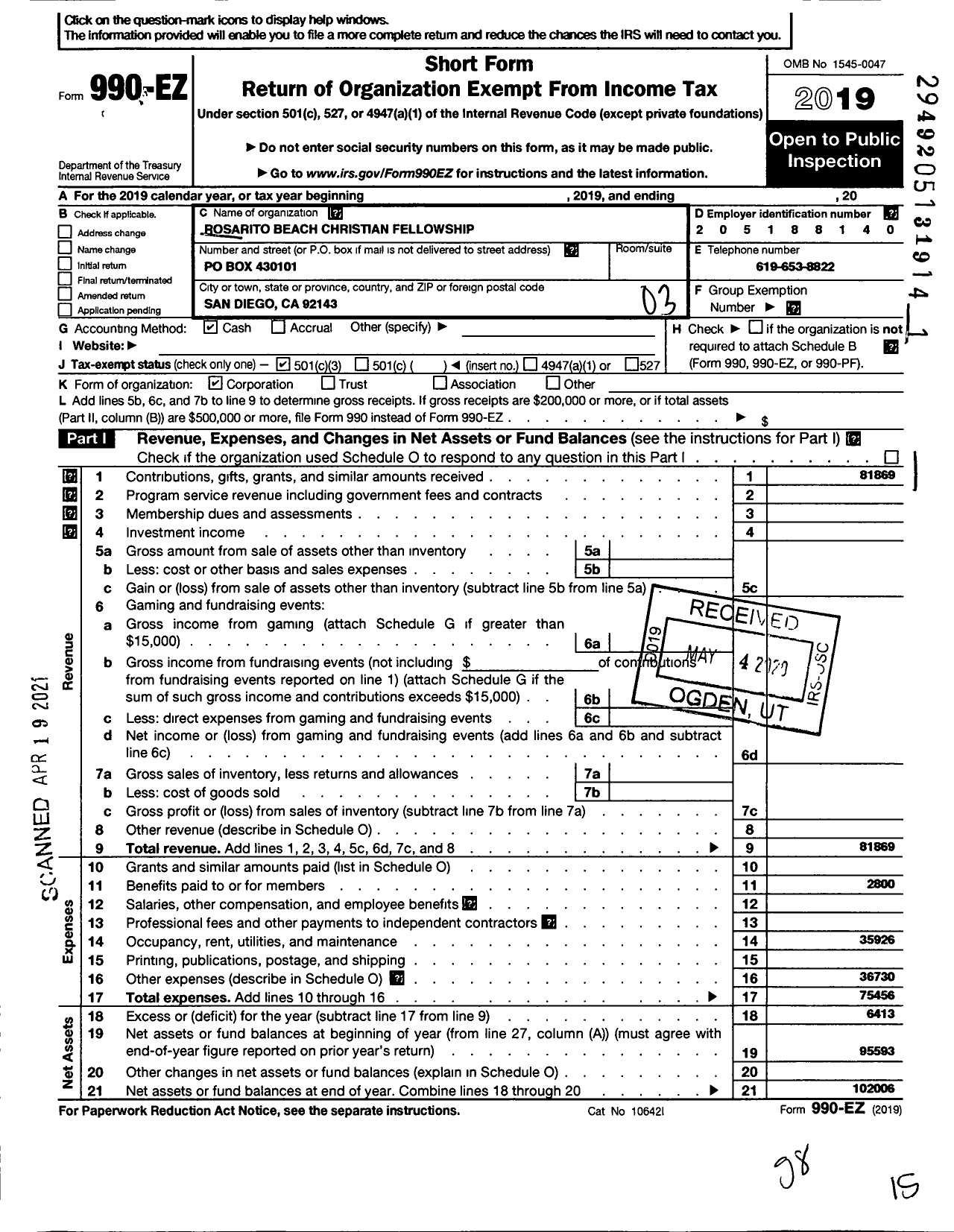 Image of first page of 2019 Form 990EZ for Rosaorito Beach Christianfellowship