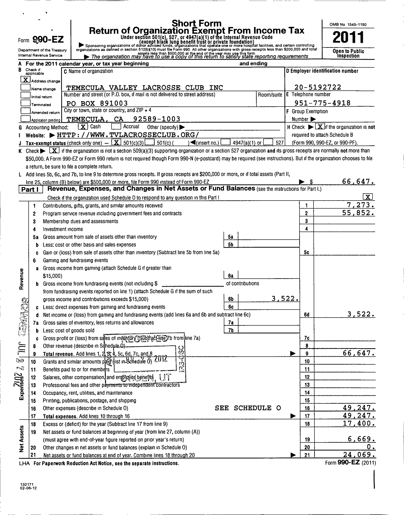 Image of first page of 2011 Form 990EZ for Temecula Valley Lacrosse Club