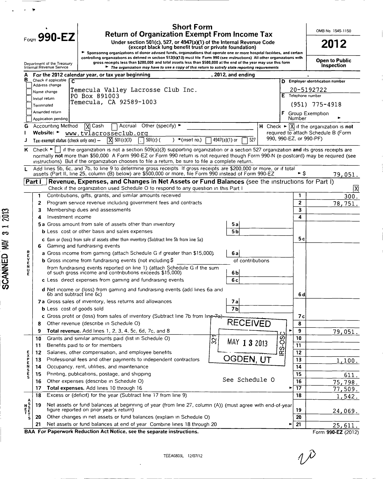 Image of first page of 2012 Form 990EZ for Temecula Valley Lacrosse Club