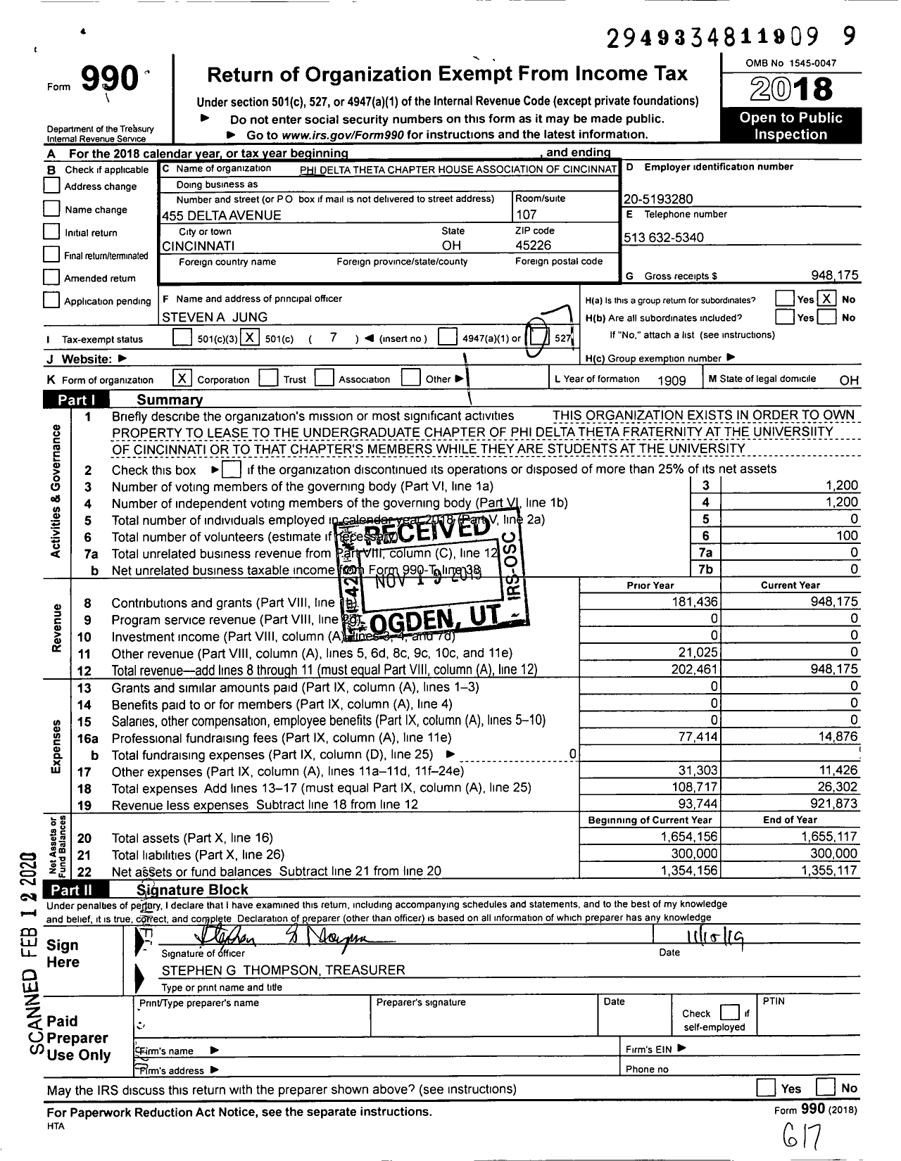 Image of first page of 2018 Form 990O for Phi Delta Theta Chapter House Association of Cincinnati