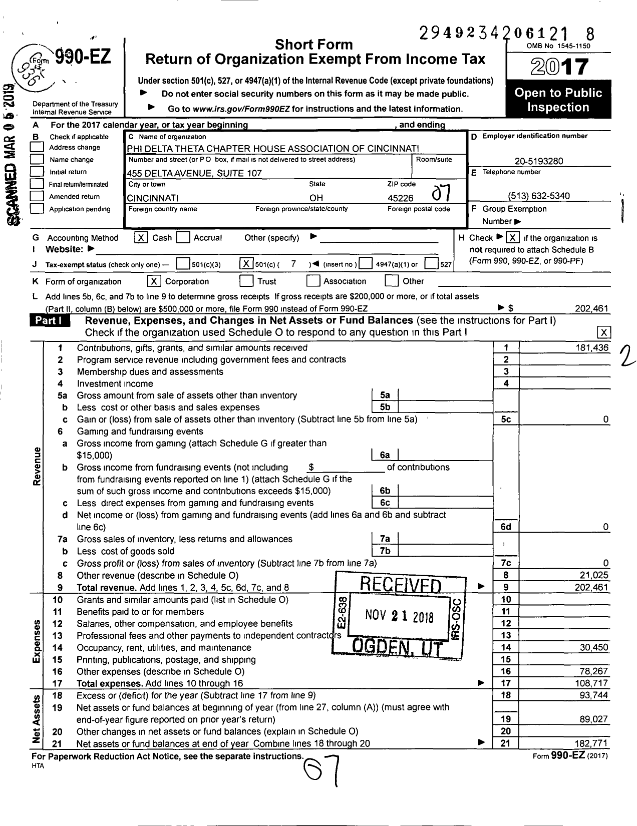 Image of first page of 2017 Form 990EO for Phi Delta Theta Chapter House Association of Cincinnati