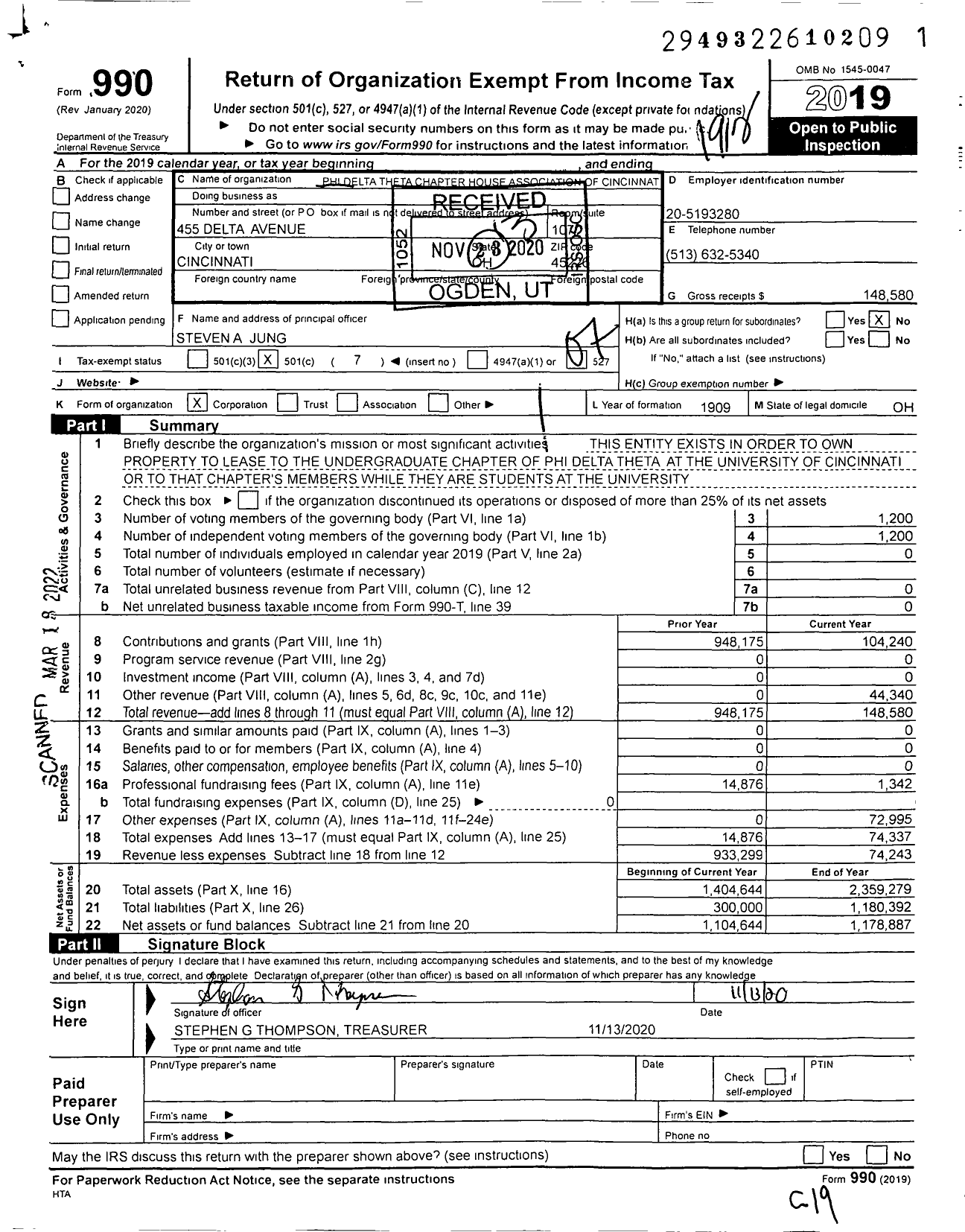 Image of first page of 2019 Form 990O for Phi Delta Theta Chapter House Association of Cincinnati