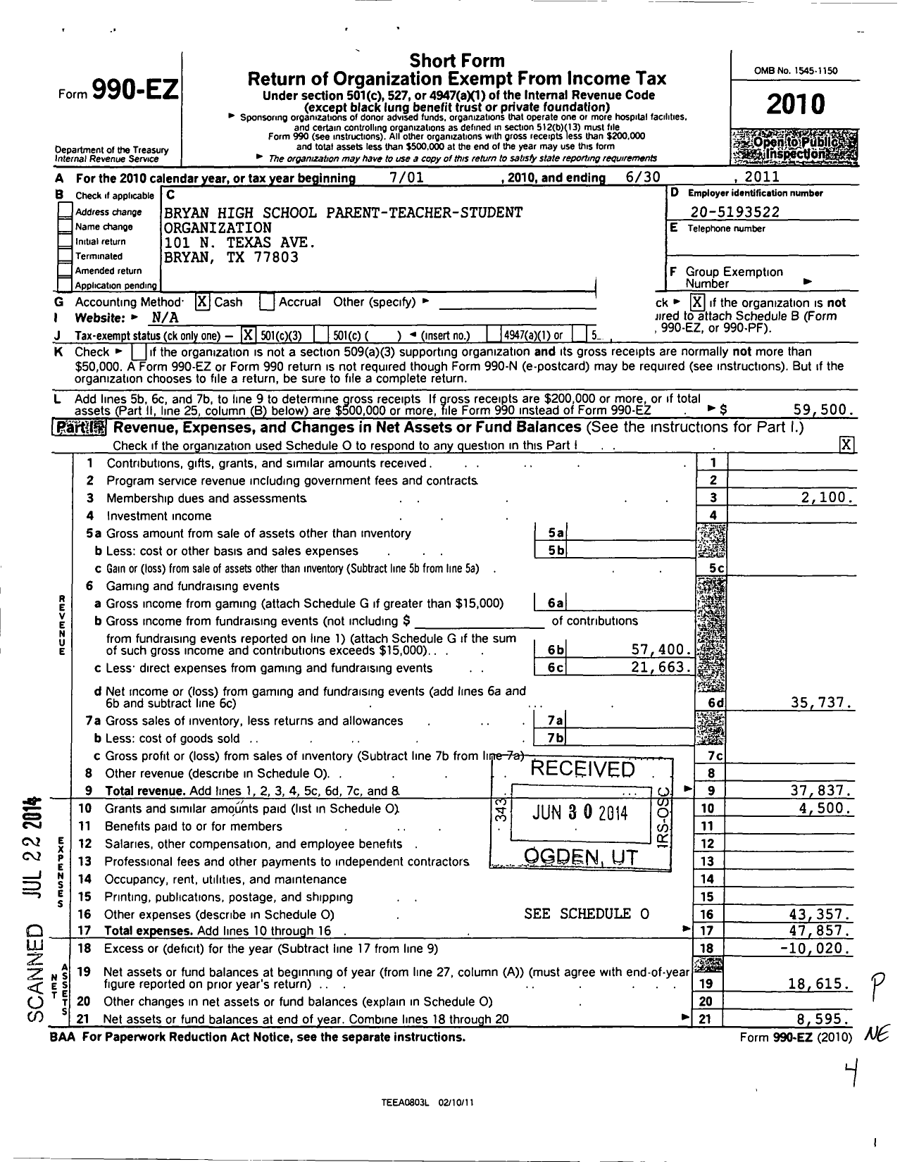 Image of first page of 2010 Form 990EZ for Bryan High School Parent-Teacher-Student Organization