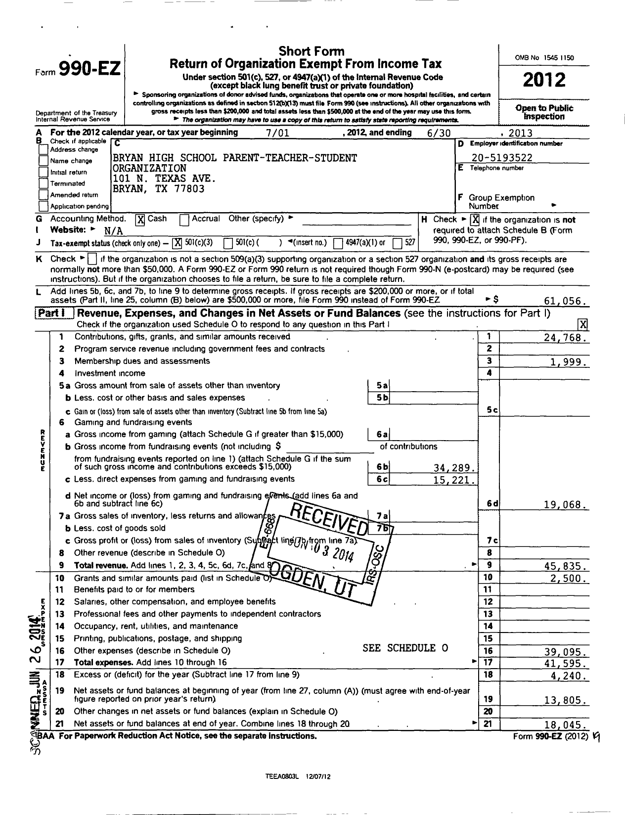 Image of first page of 2012 Form 990EZ for Bryan High School Parent-Teacher-Student Organization