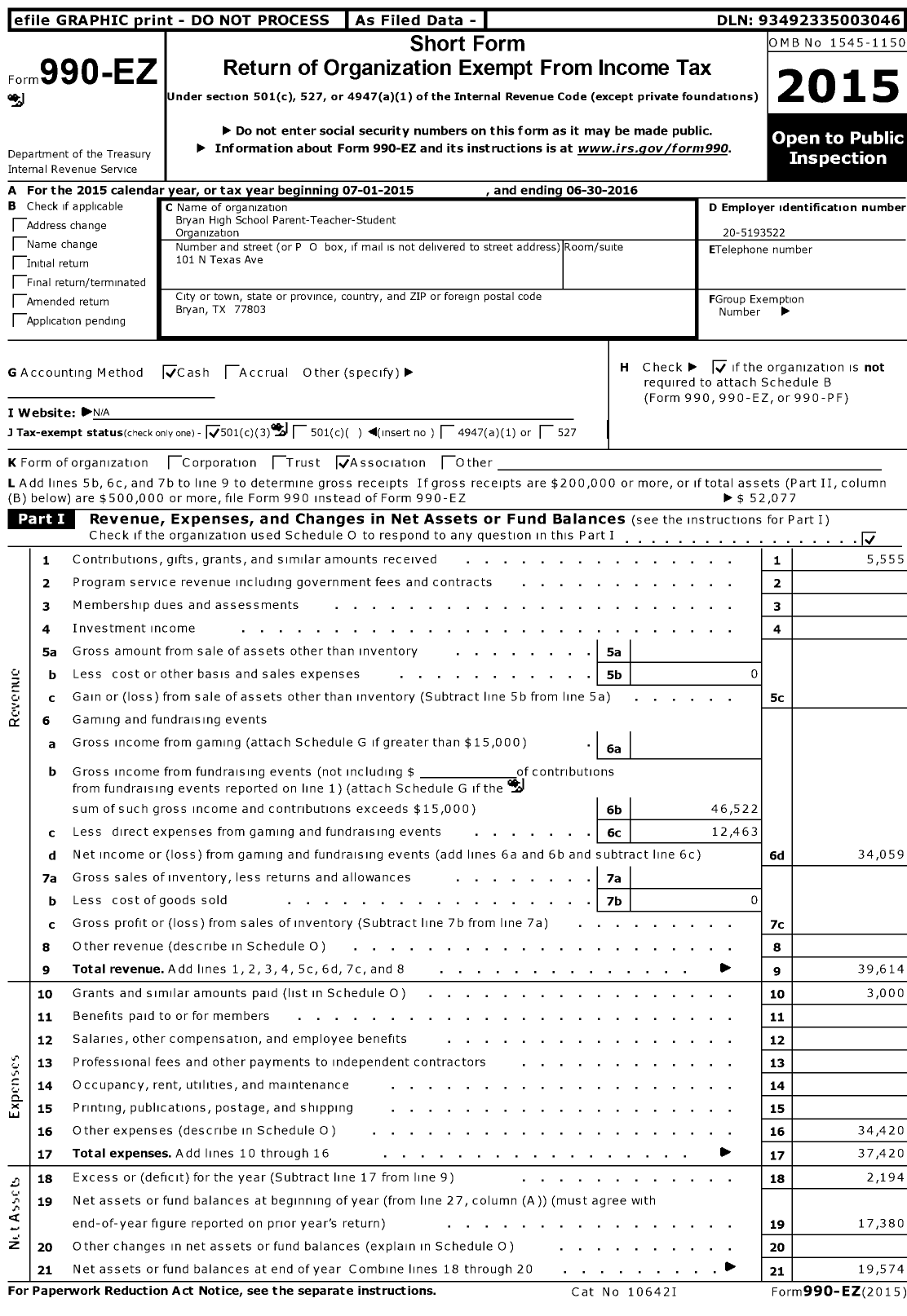 Image of first page of 2015 Form 990EZ for Bryan High School Parent-Teacher-Student Organization
