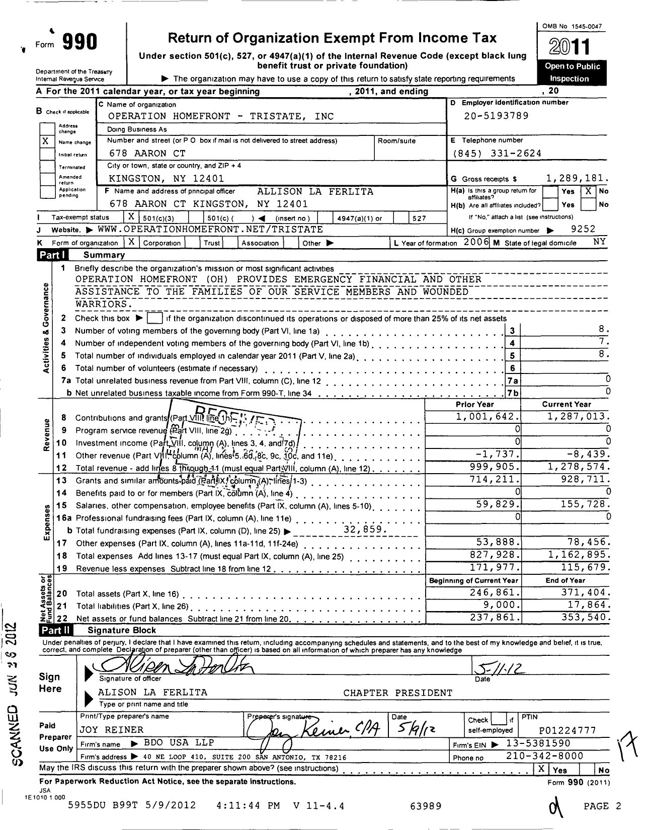 Image of first page of 2011 Form 990 for Operation Homefront Tristate