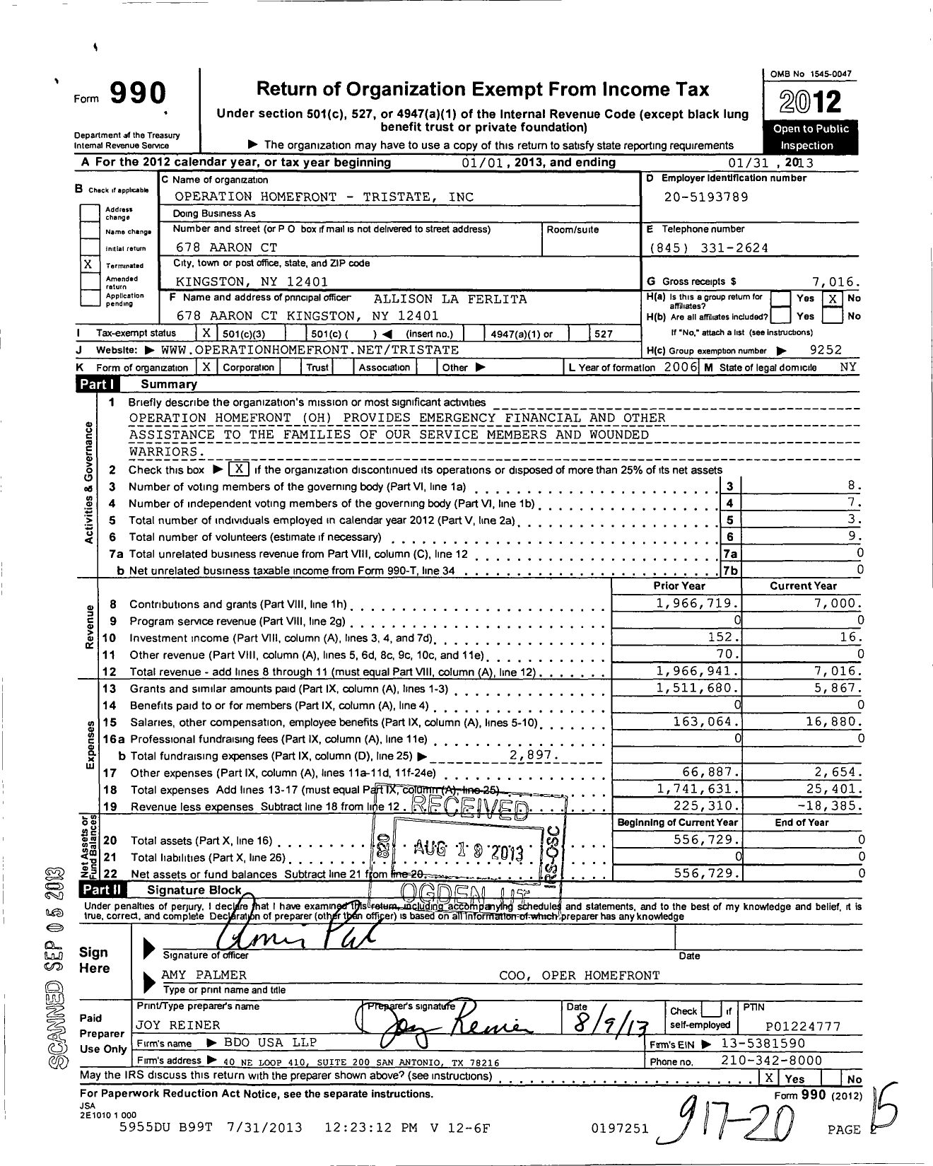 Image of first page of 2012 Form 990 for Operation Homefront Tristate