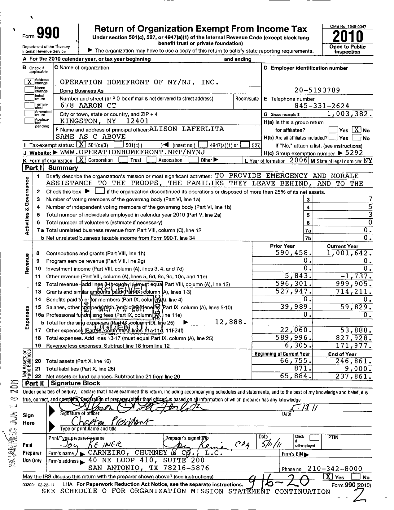 Image of first page of 2010 Form 990 for Operation Homefront Tristate