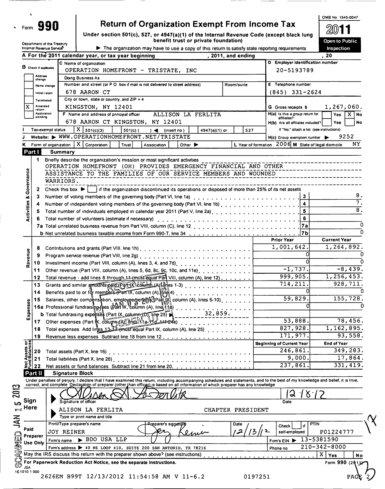 Image of first page of 2011 Form 990 for Operation Homefront Tristate
