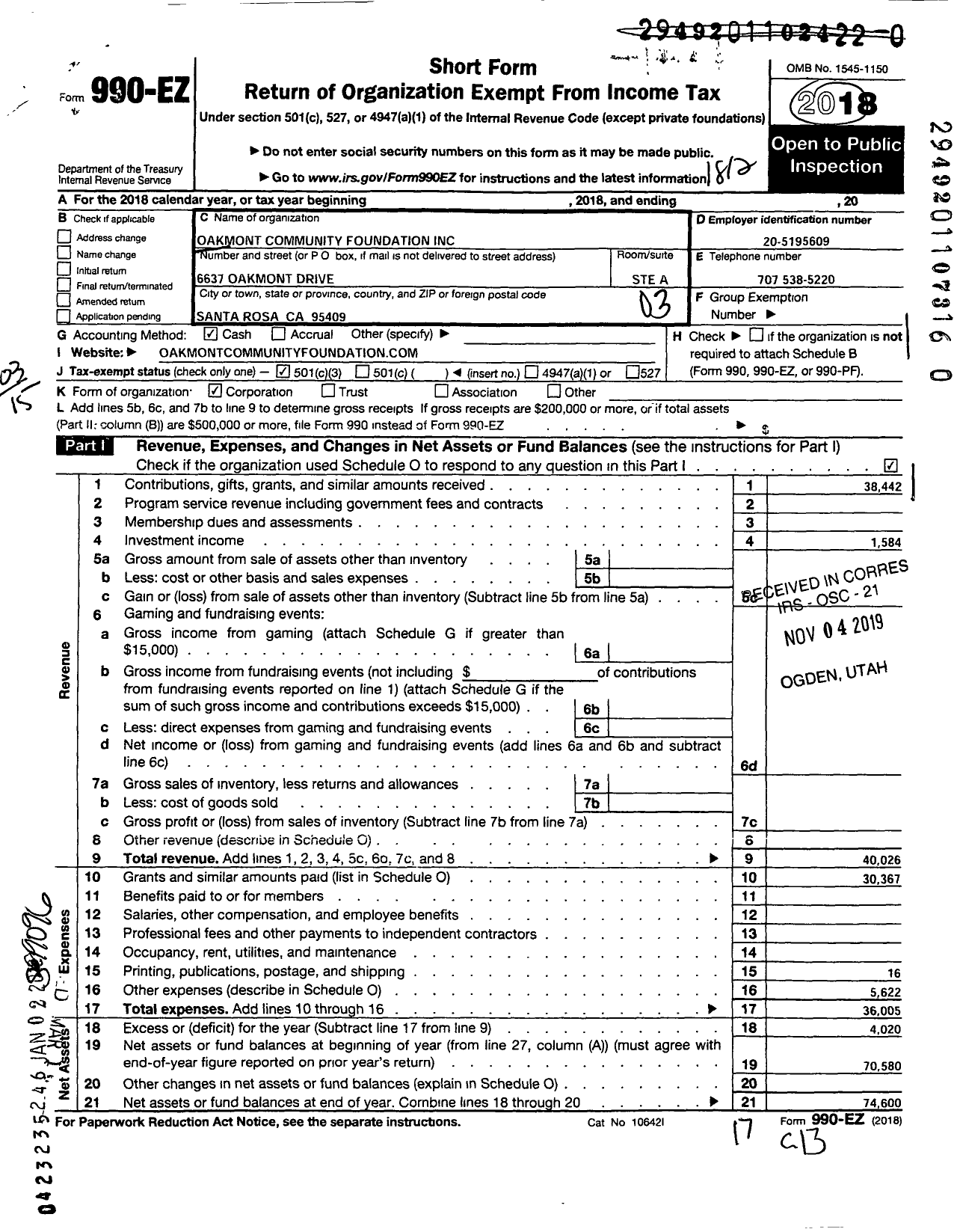 Image of first page of 2018 Form 990EZ for Oakmont Community Foundation