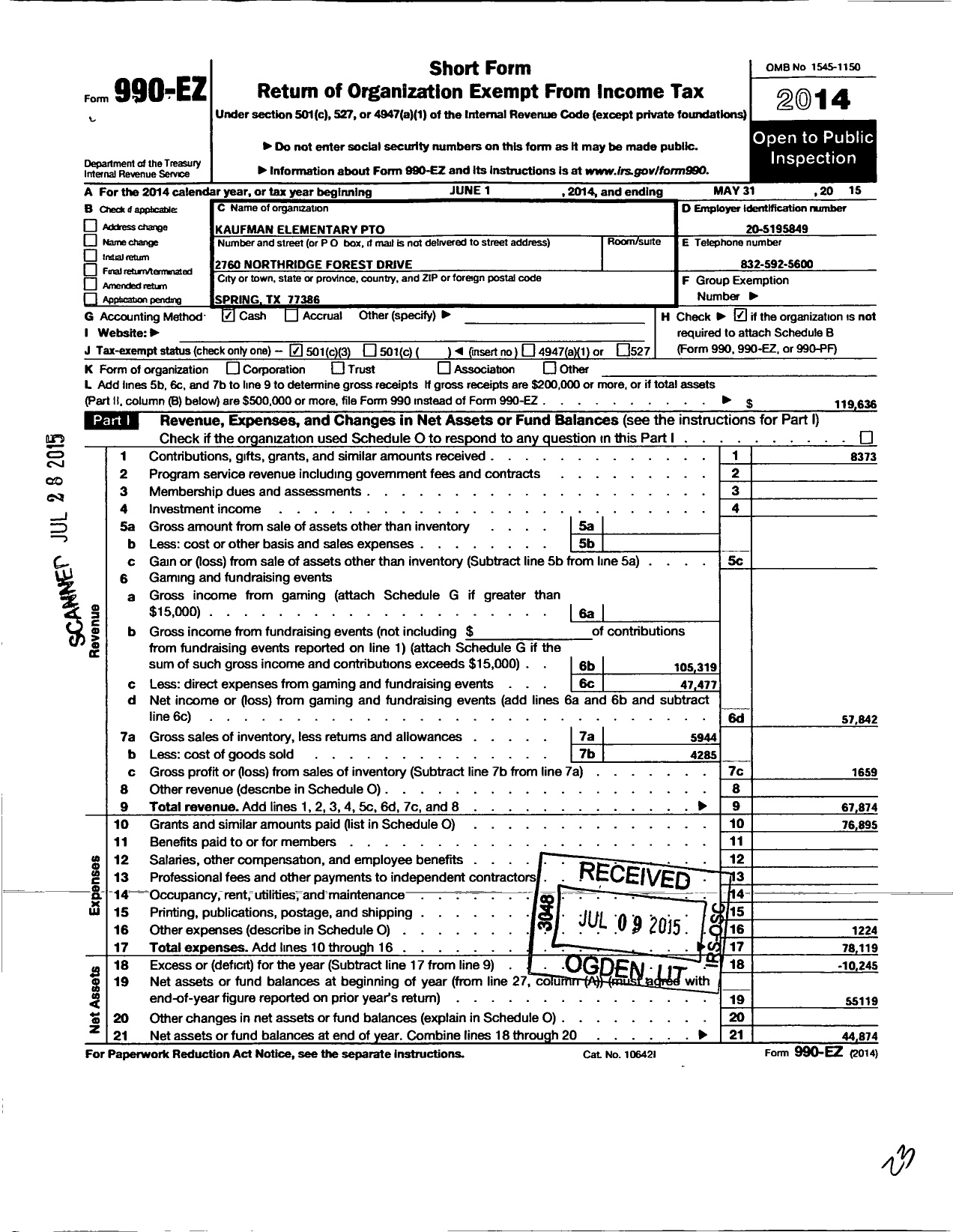 Image of first page of 2014 Form 990EZ for CISD EDUCATIONAL SUPPORT GROUPS INC Kaufman Elementary PTO