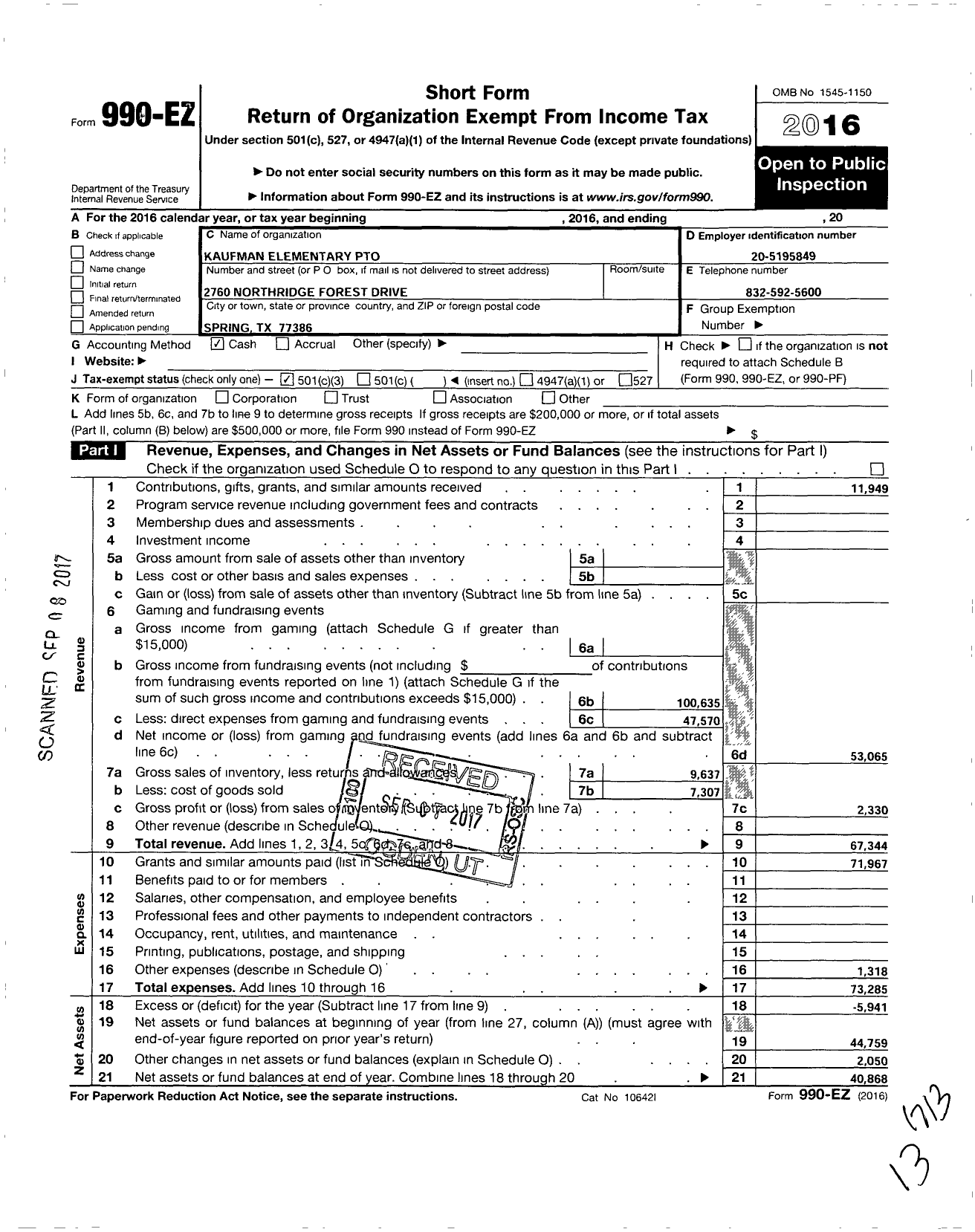 Image of first page of 2016 Form 990EZ for CISD EDUCATIONAL SUPPORT GROUPS INC Kaufman Elementary PTO