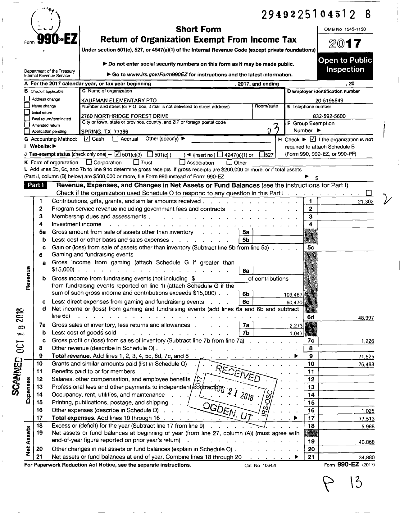 Image of first page of 2017 Form 990EZ for CISD EDUCATIONAL SUPPORT GROUPS INC Kaufman Elementary PTO