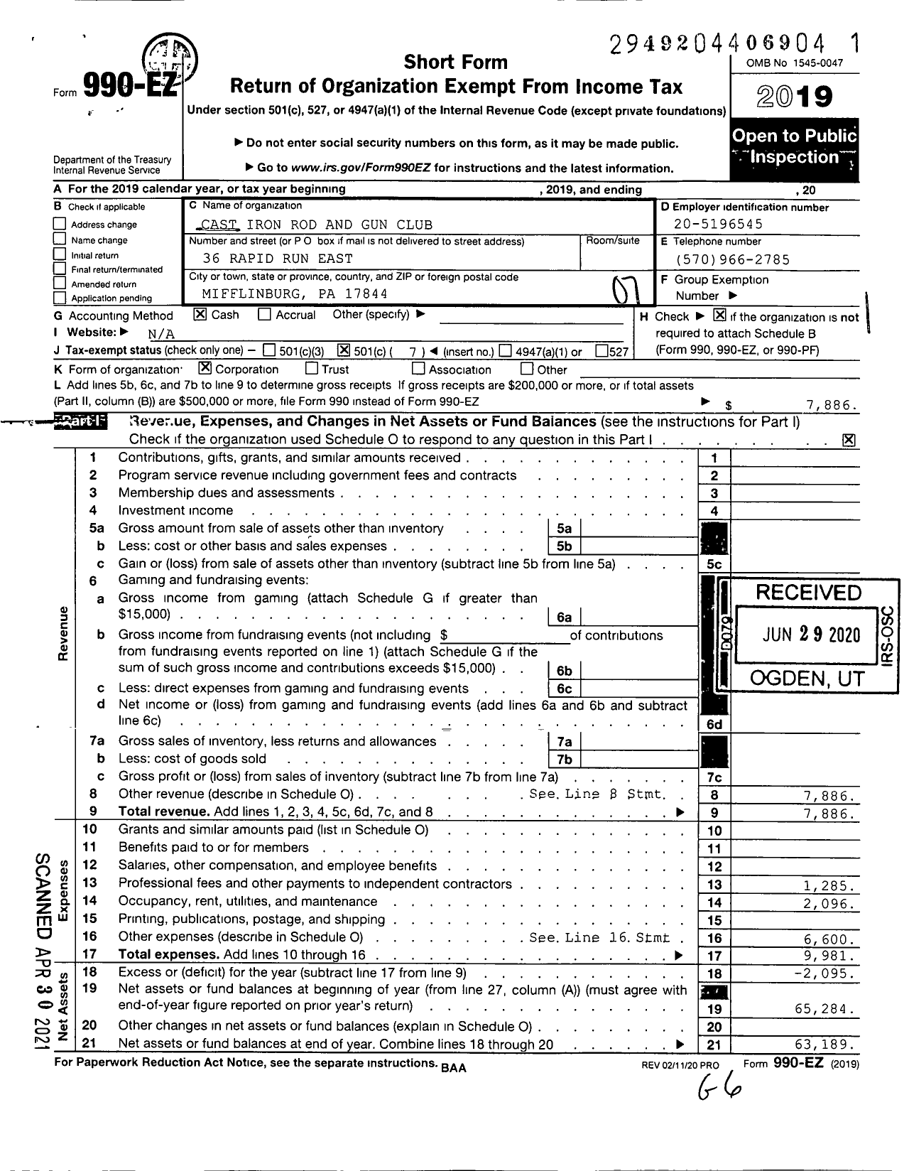 Image of first page of 2019 Form 990EO for Cast Iron Rod and Gun Club