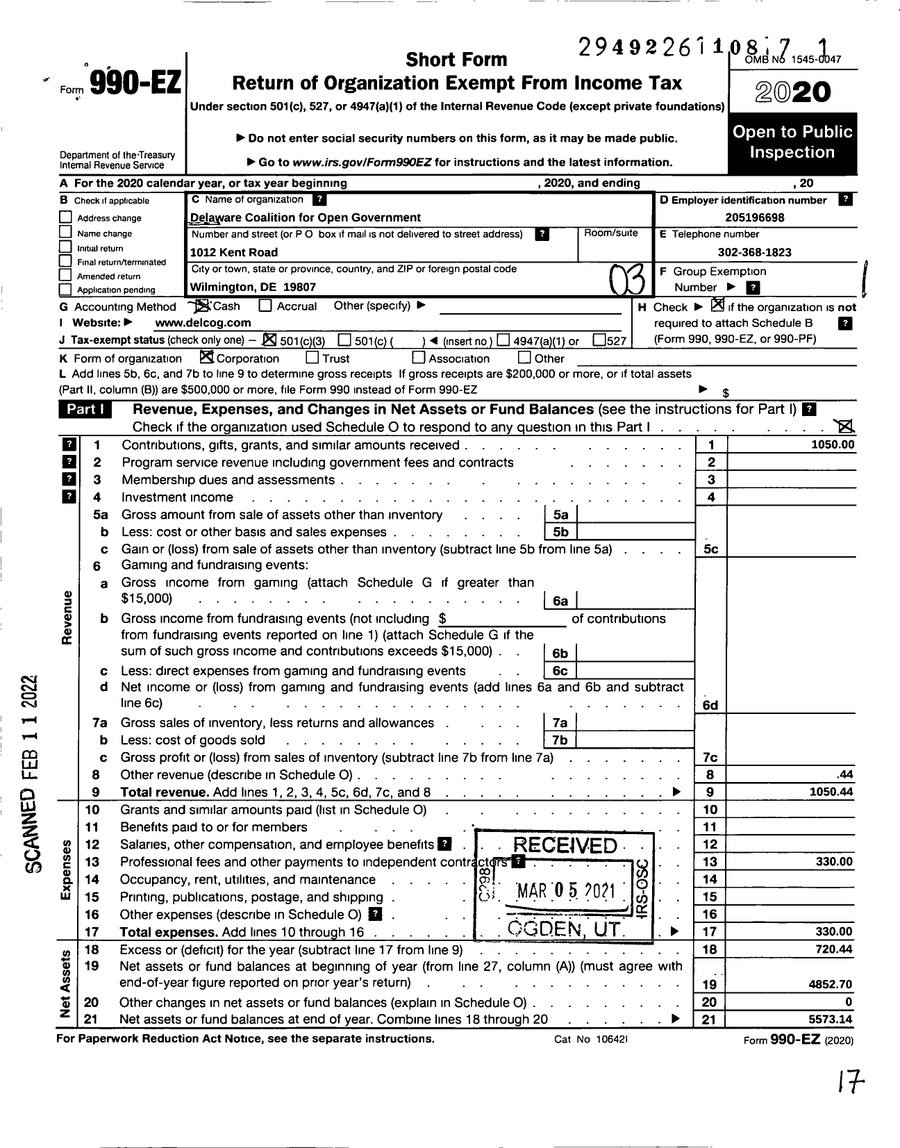 Image of first page of 2020 Form 990EZ for Delaware Coalition for Opengovernment