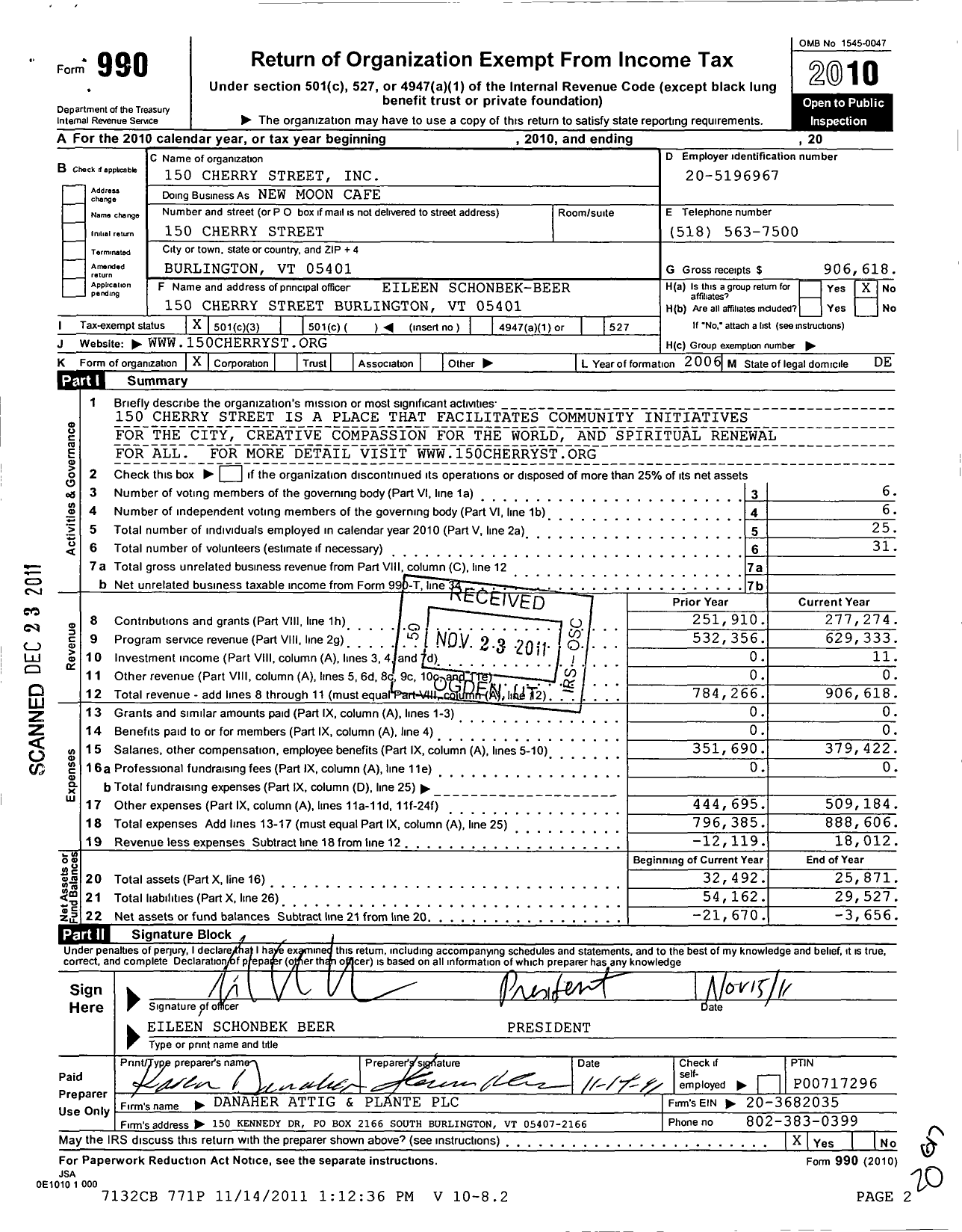 Image of first page of 2010 Form 990 for 150 Cherry Street