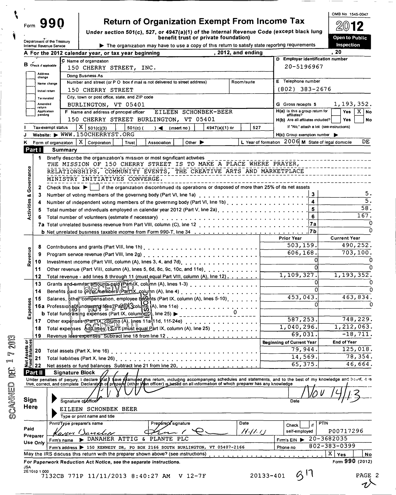 Image of first page of 2012 Form 990 for 150 Cherry Street