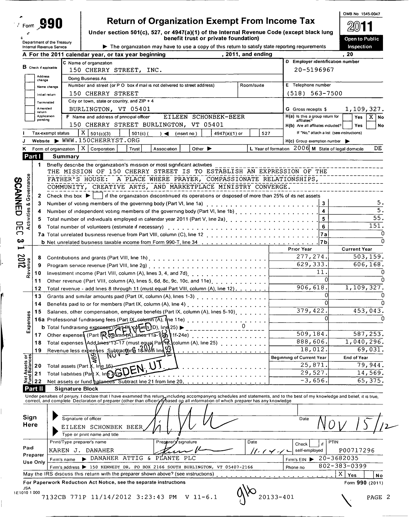 Image of first page of 2011 Form 990 for 150 Cherry Street