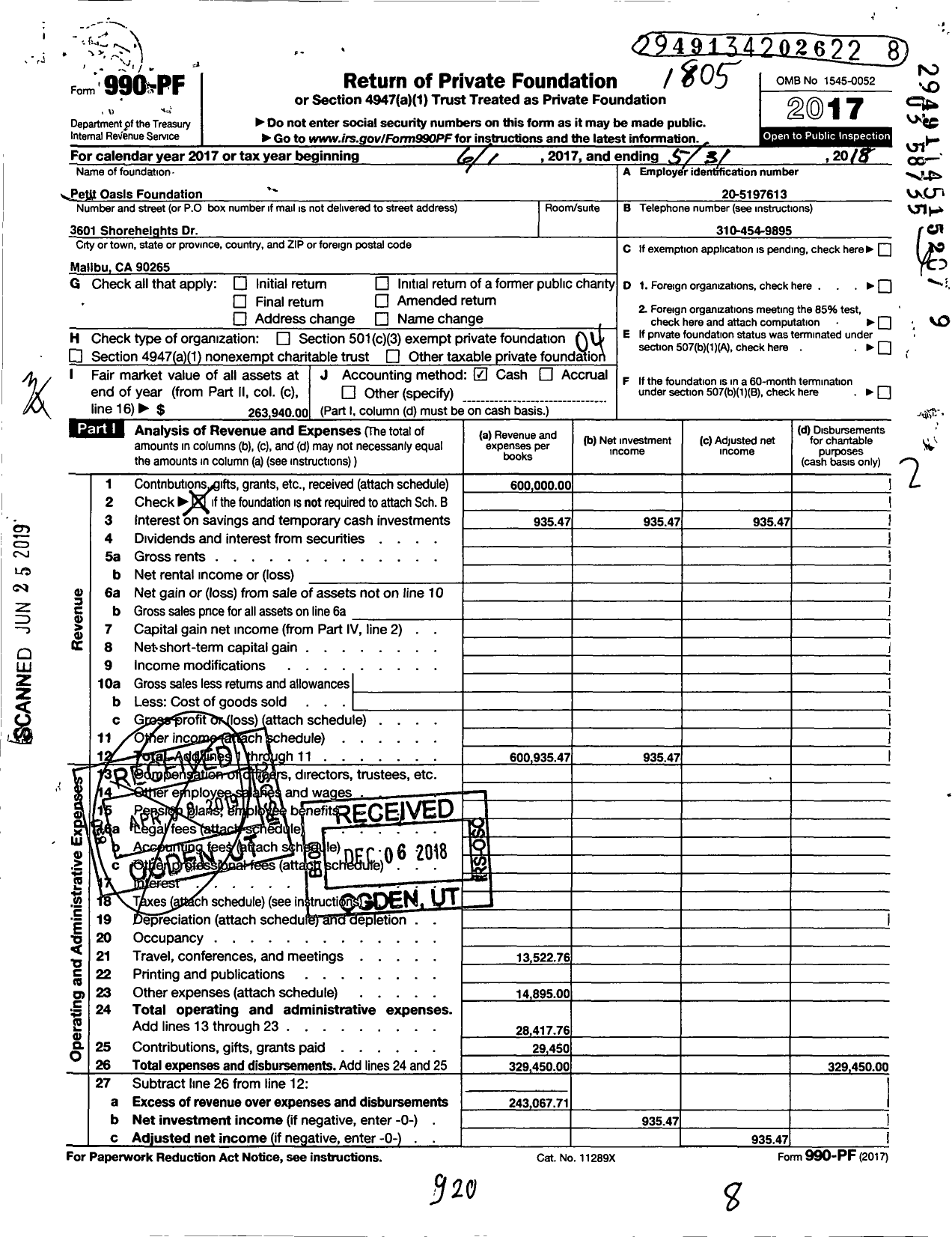 Image of first page of 2017 Form 990PF for Petit Oasis Foundation