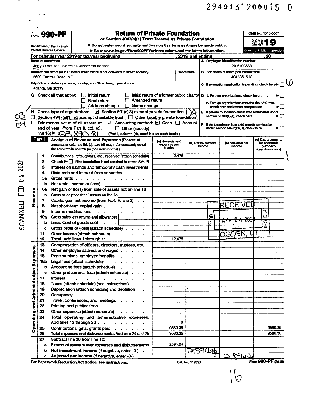 Image of first page of 2019 Form 990PF for Jerry W Walker Colorectal Cancer Fund