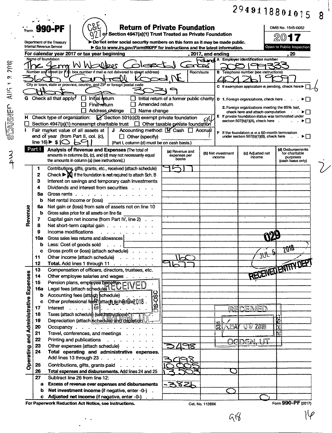 Image of first page of 2017 Form 990PF for Jerry W Walker Colorectal Cancer Fund