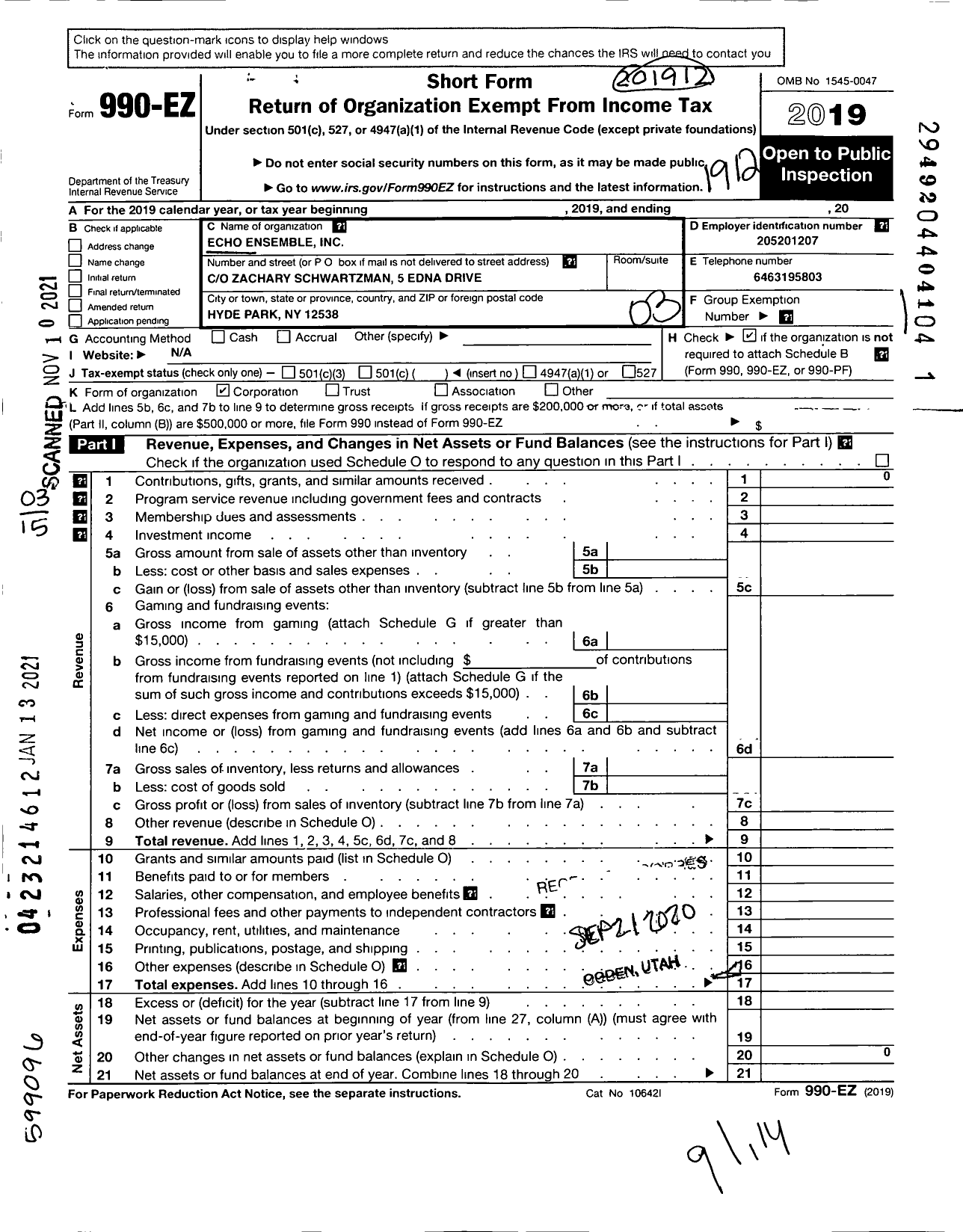 Image of first page of 2019 Form 990EZ for Echo Ensemble