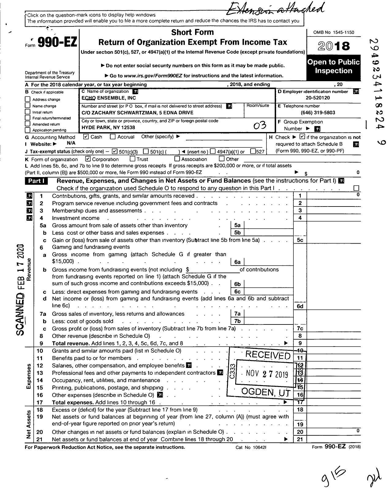 Image of first page of 2018 Form 990EZ for Echo Ensemble