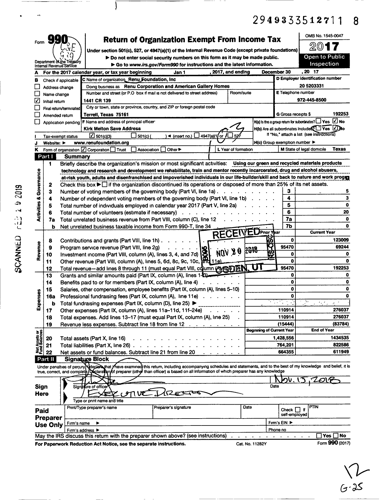 Image of first page of 2017 Form 990 for Renu Corporation