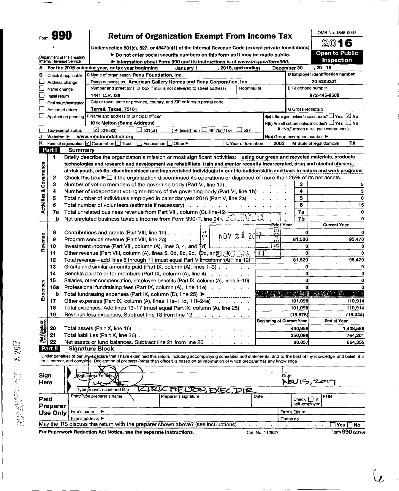 Image of first page of 2016 Form 990 for Renu Corporation