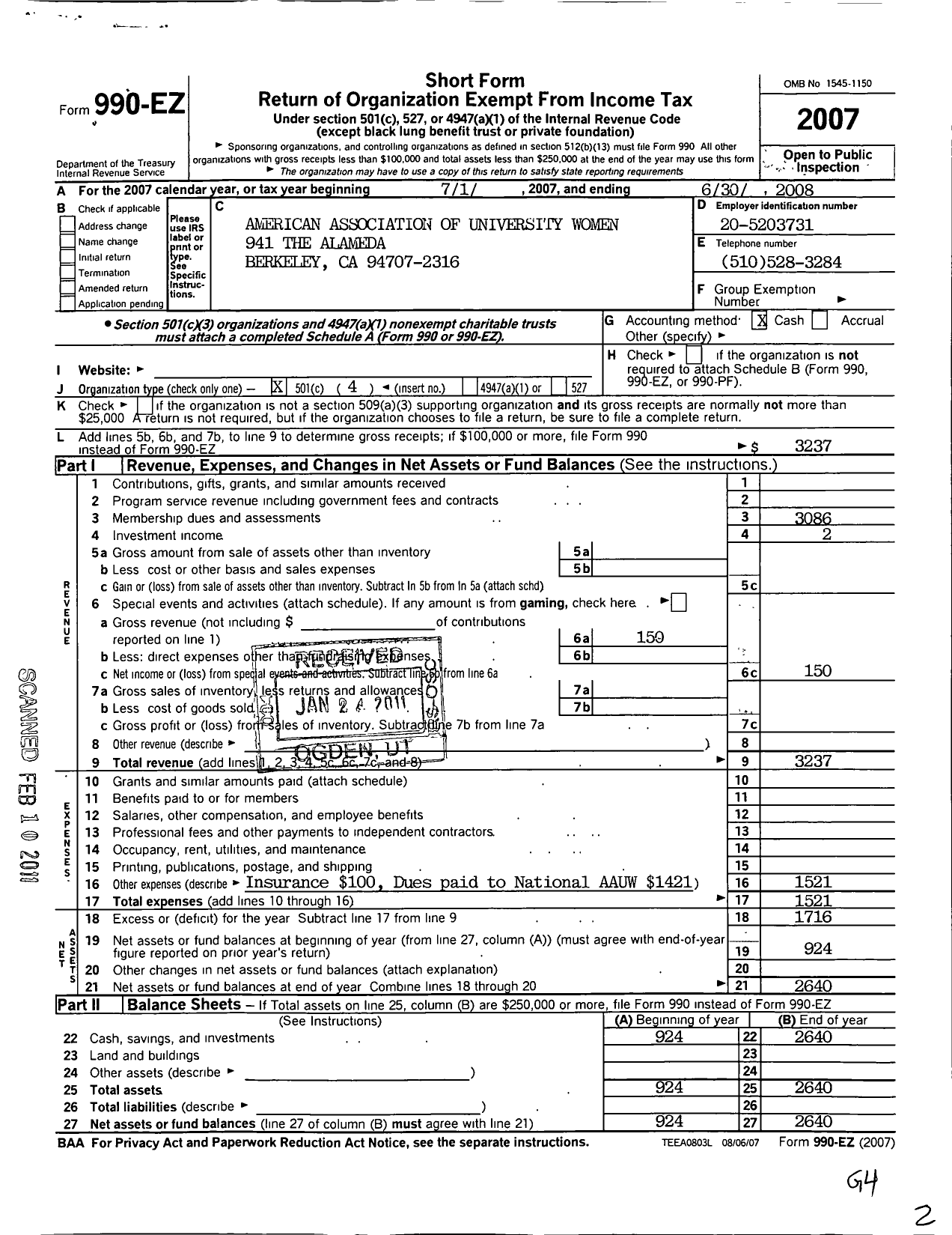 Image of first page of 2007 Form 990EO for American Association of University Women / Berkeley