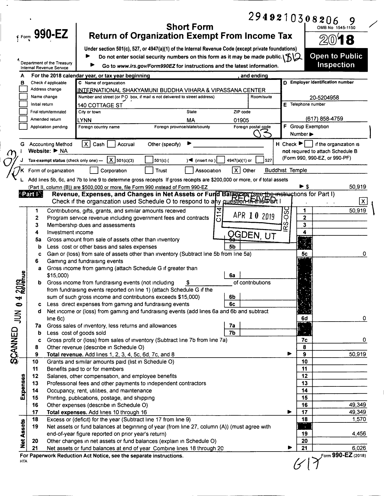 Image of first page of 2018 Form 990EZ for International Shakyamuni Buddha