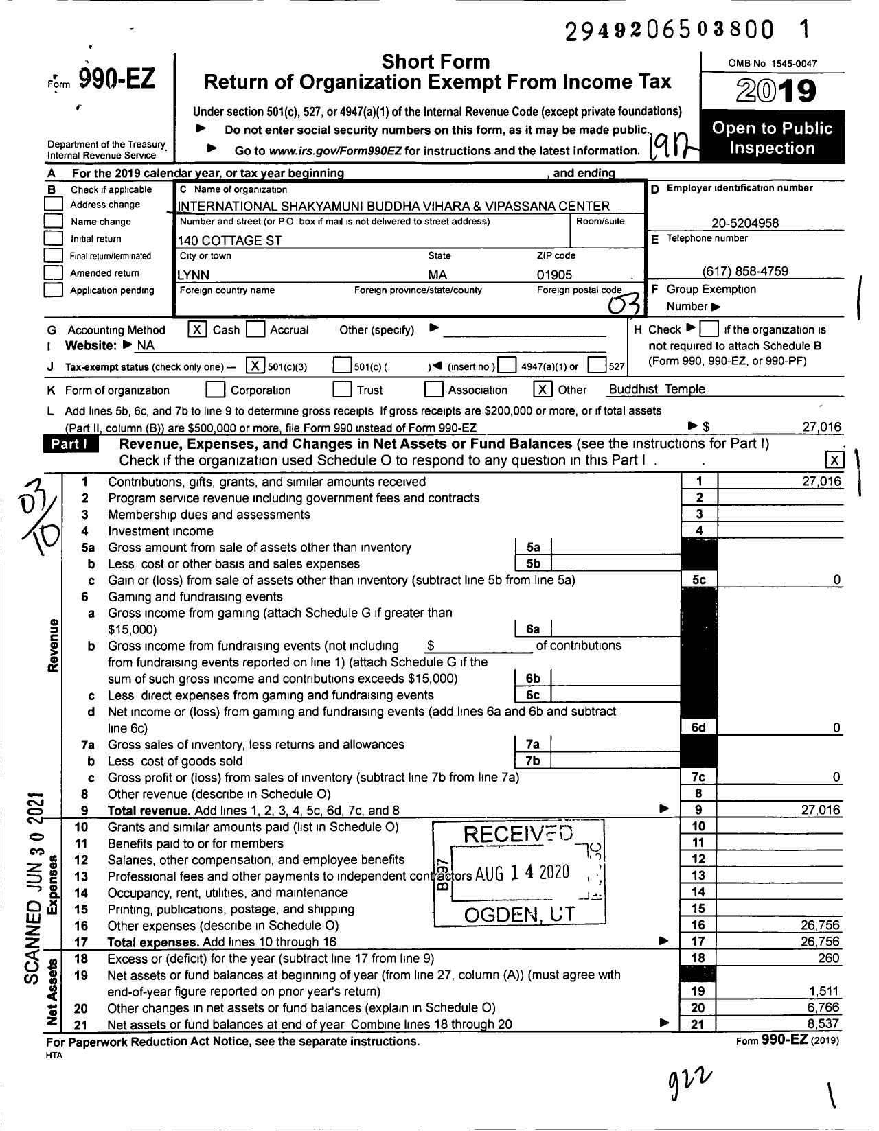 Image of first page of 2019 Form 990EZ for International Shakyamuni Buddha