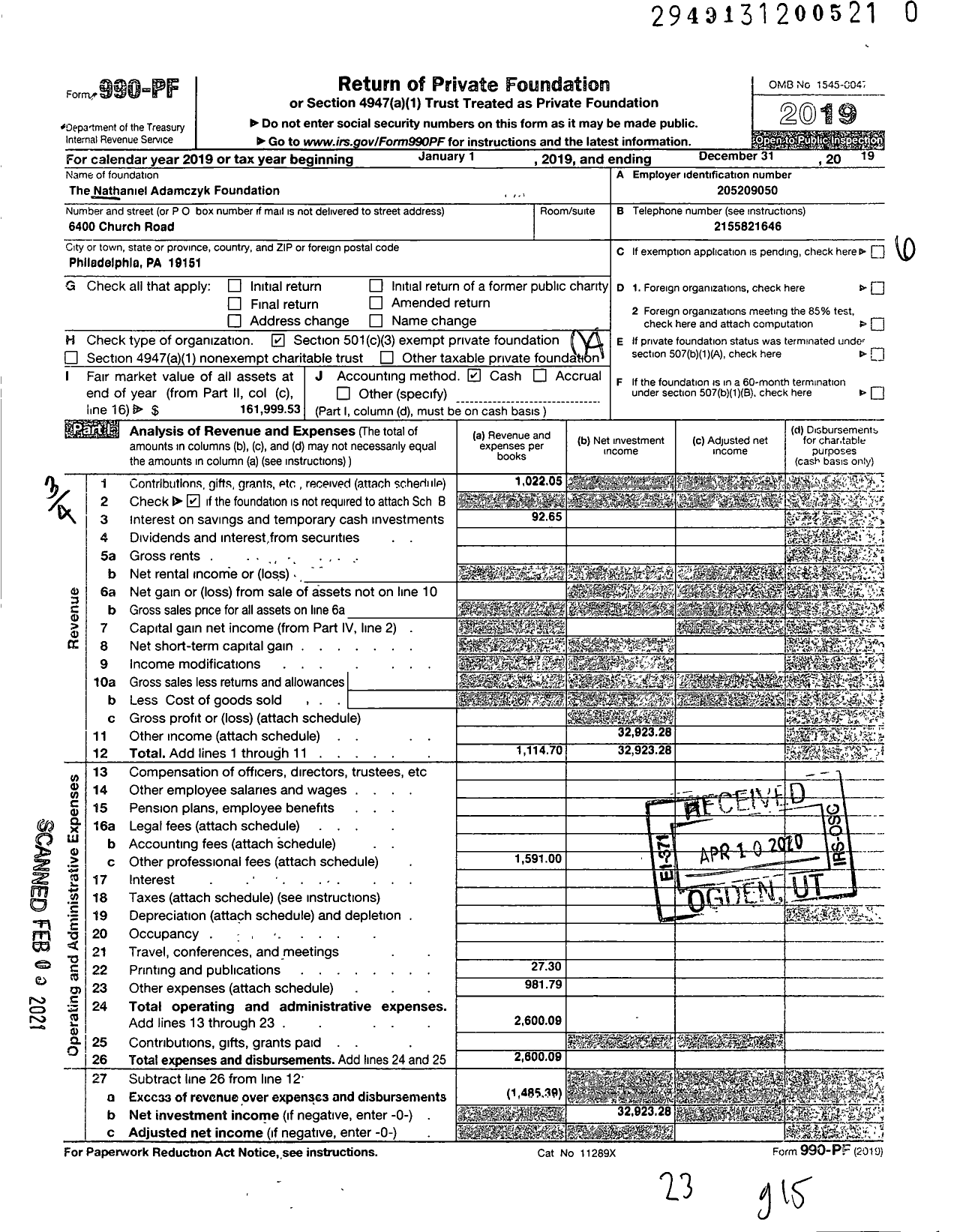 Image of first page of 2019 Form 990PF for The Nathaniel Adamczyk Foundation